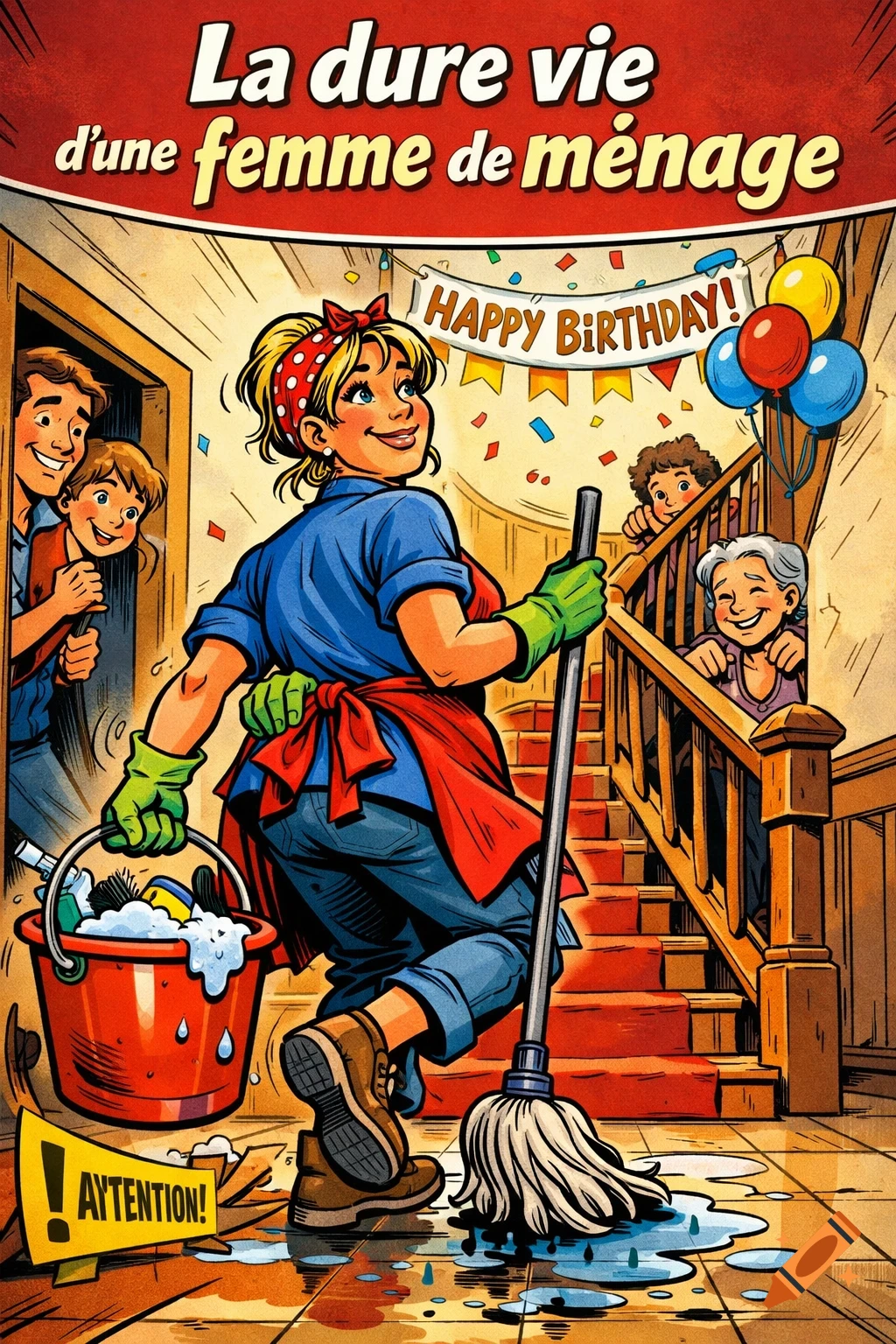 Comic book cover in European style shows a cleaning lady with a mop and bucket, smiling as her family hides to surprise her for her birthday.