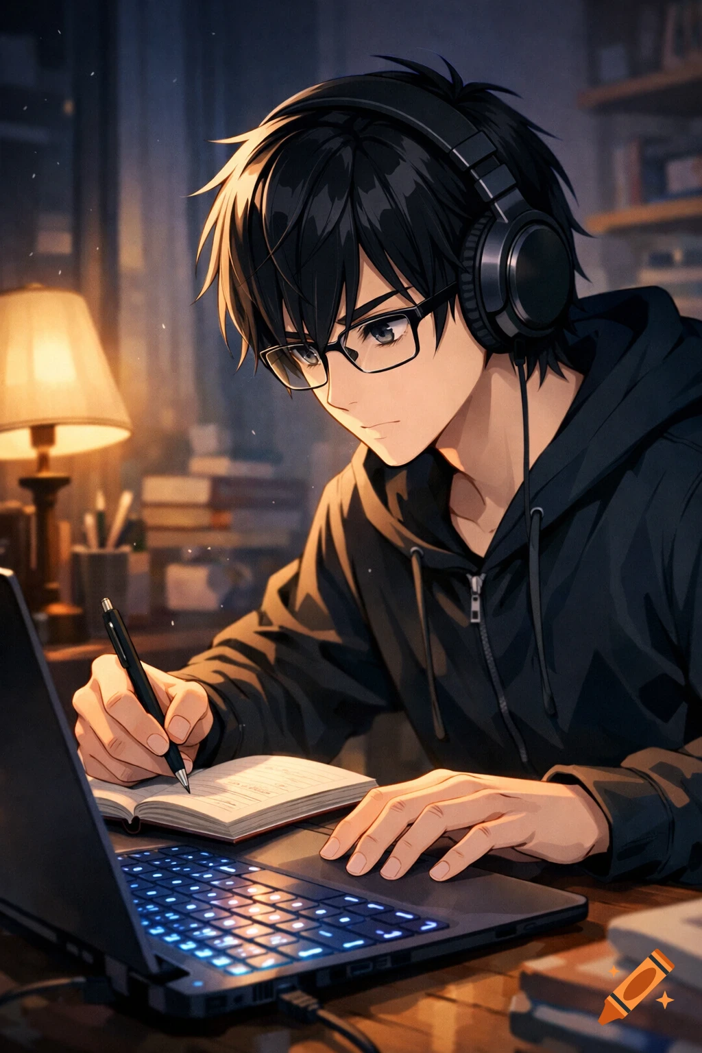 Anime boy with black hair, glasses, and headphones writing in a notebook next to a glowing laptop in a dim room.