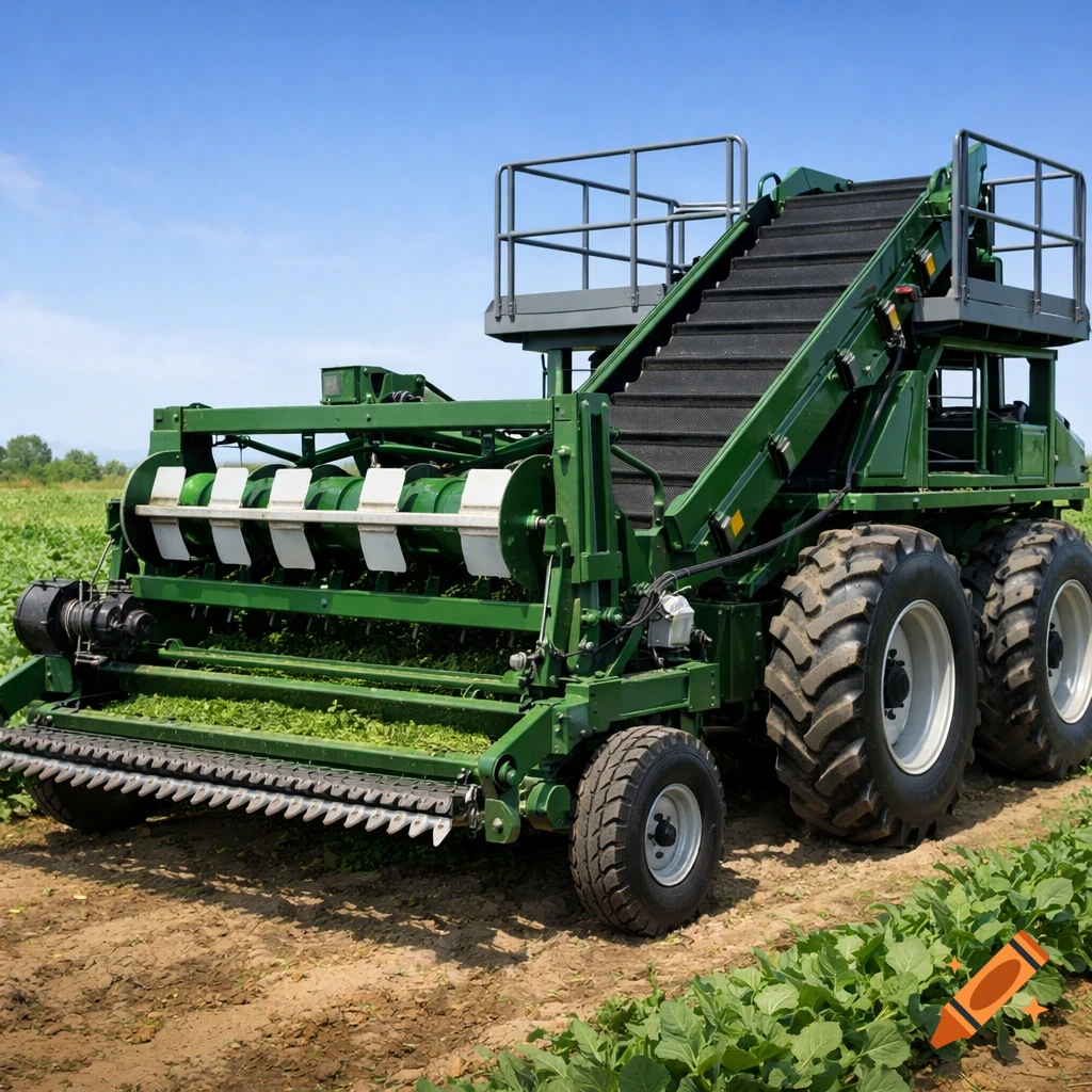 A large green leafy greens harvester machine with black conveyor belts and large tires sits in a dirt field under a blue sky.