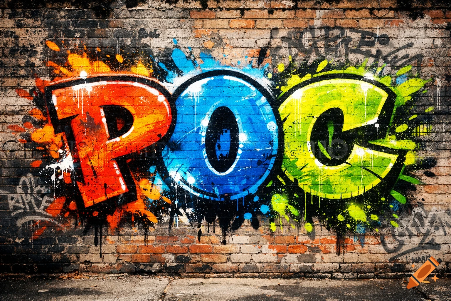 Vibrant graffiti spelling 'POC' in red, blue, and green on a weathered brick wall.