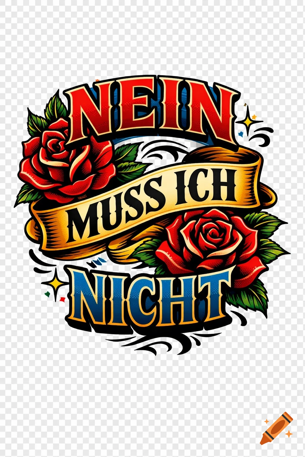Traditional tattoo style graphic with red roses and a golden banner featuring German text 'NEIN MUSS ICH NICHT'.