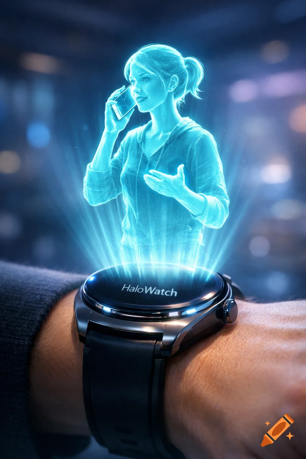 Close-up of a smartwatch on a person's wrist, projecting a glowing blue holographic woman talking on a phone. The watch face displays 'HaloWatch'.