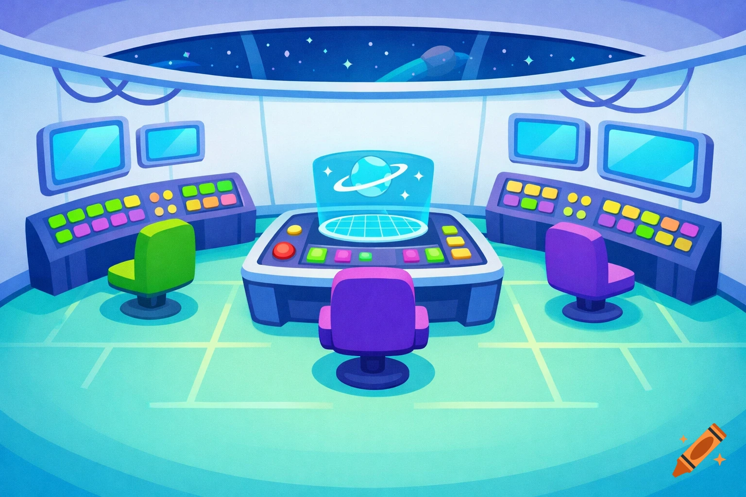 Cartoon spaceship control room with colorful panels, blank screens, three chairs, and a window view of a planet and stars.