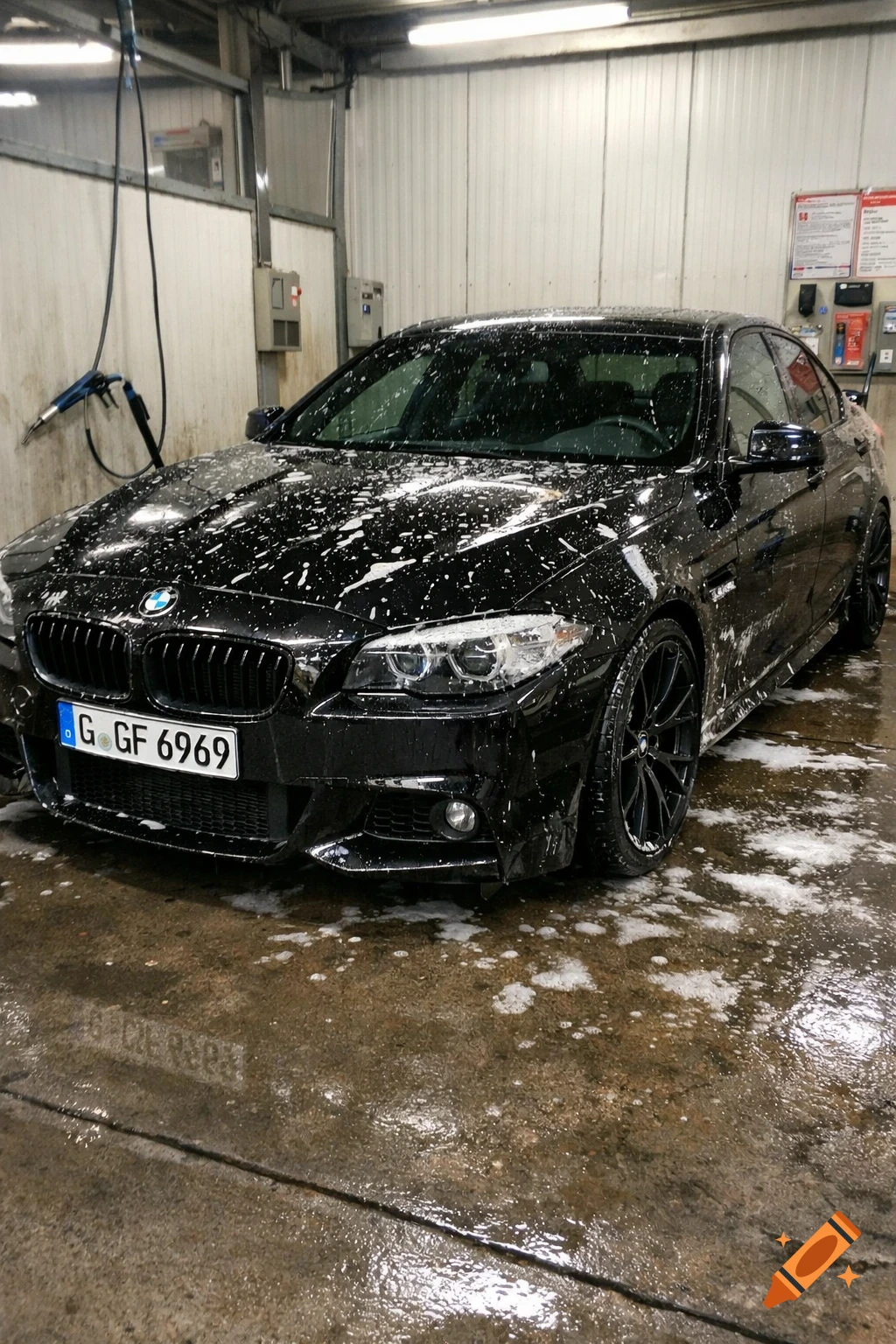 A black BMW F10 535i sedan, covered in white soap suds, being washed in a brightly lit car wash bay.