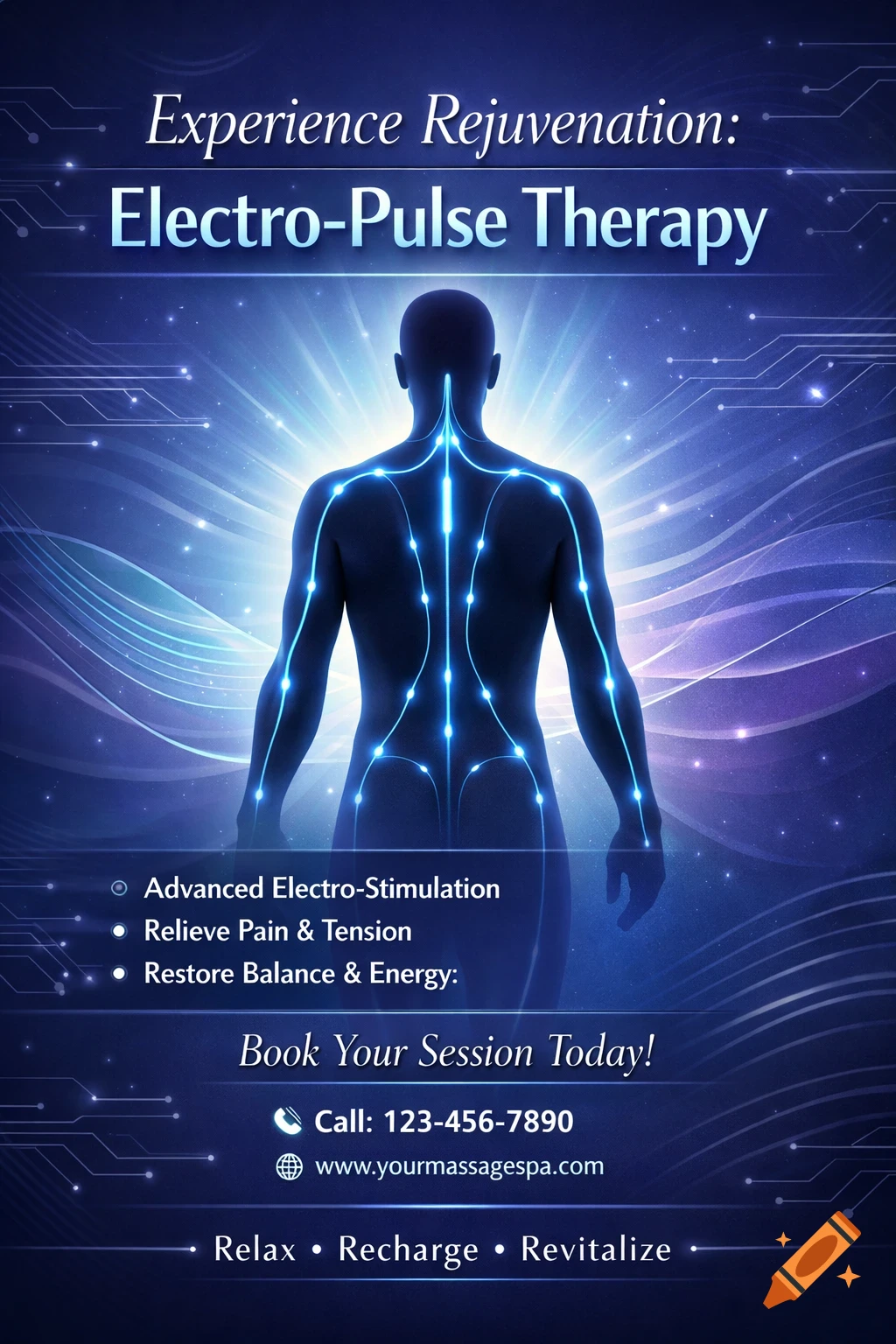 Promotional flyer for Electro-Pulse Therapy showing a human silhouette with glowing energy lines on a circuit board background with text.