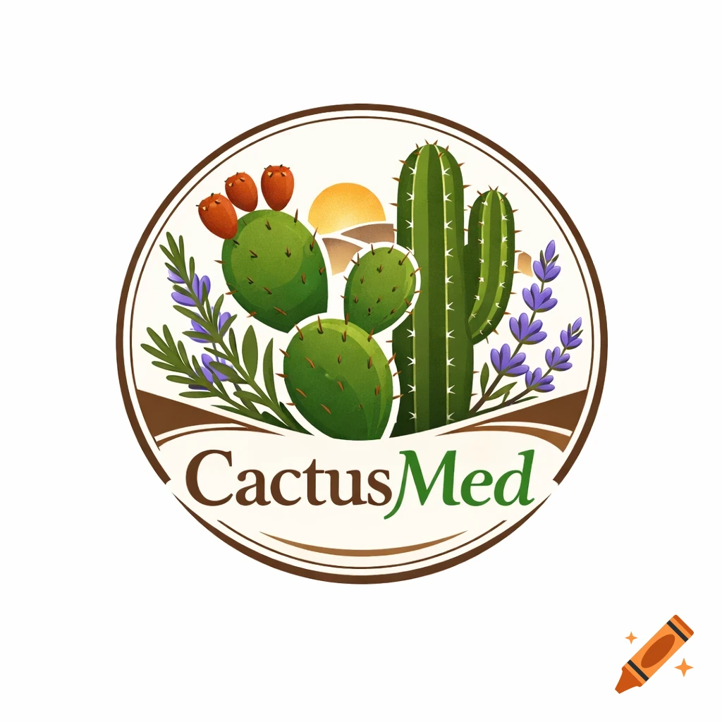 A stylized circular logo featuring green cacti, purple flowers, a desert sunset, and the text 'CactusMed' at the bottom.