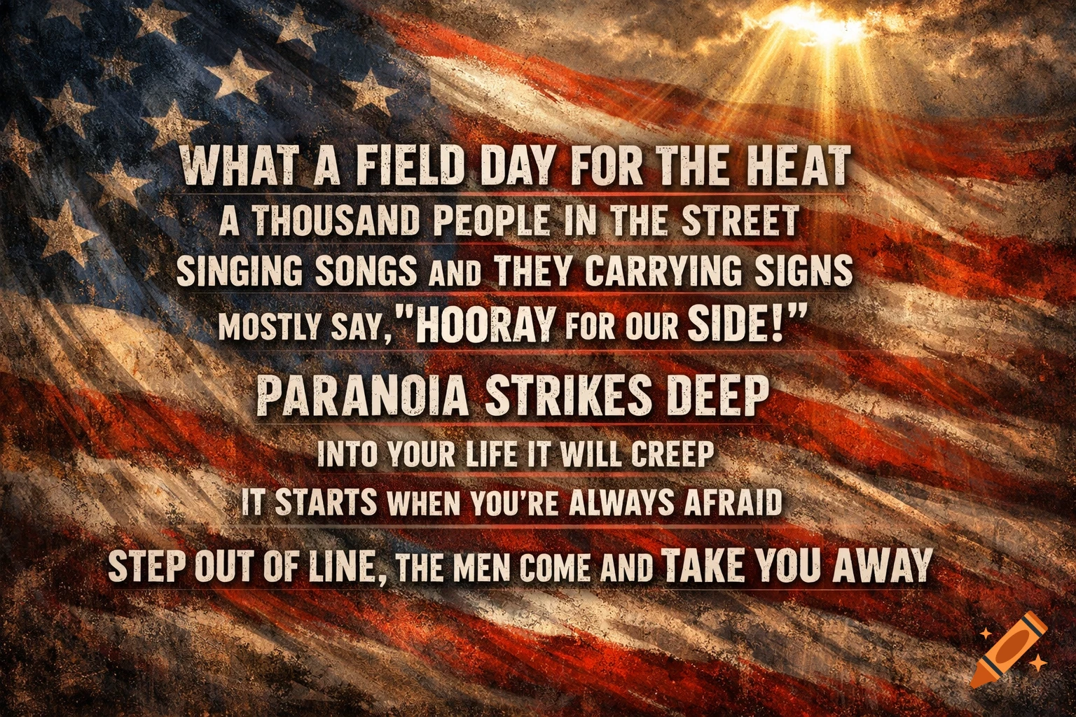 Grungy American flag background with the text 'What a field day for the heat...' in white bold letters under shining sunrays.