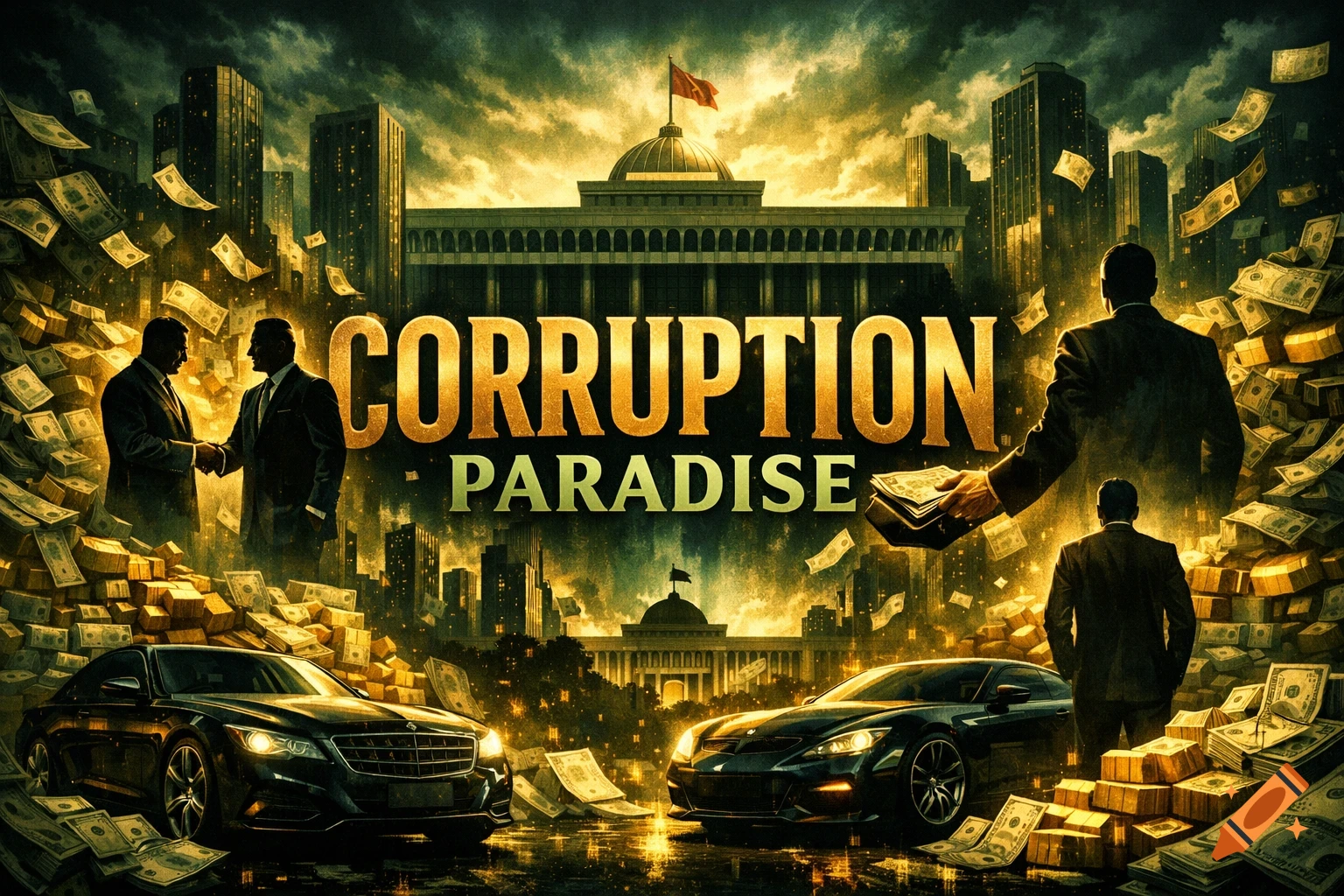 A dramatic poster illustration titled "CORRUPTION PARADISE" in gold. A dark city skyline features skyscrapers, a government building, luxury cars, and piles of cash and falling banknotes. Silhouettes of men in suits are seen shaking hands and exchanging money.