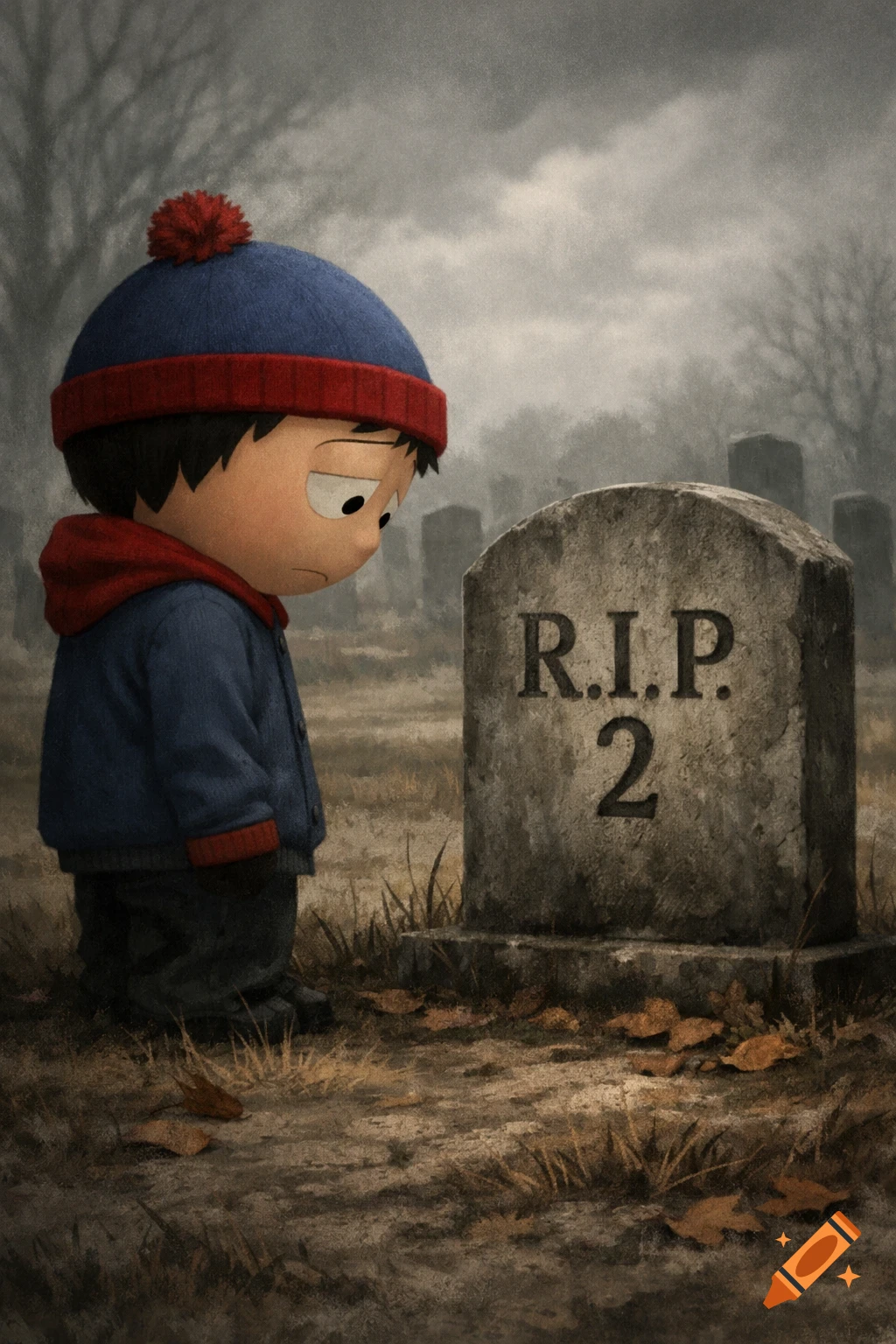 Stan Marsh from South Park looks sadly at a gravestone marked 'R.I.P. 2' in a gloomy graveyard, in a stylized cartoon style.