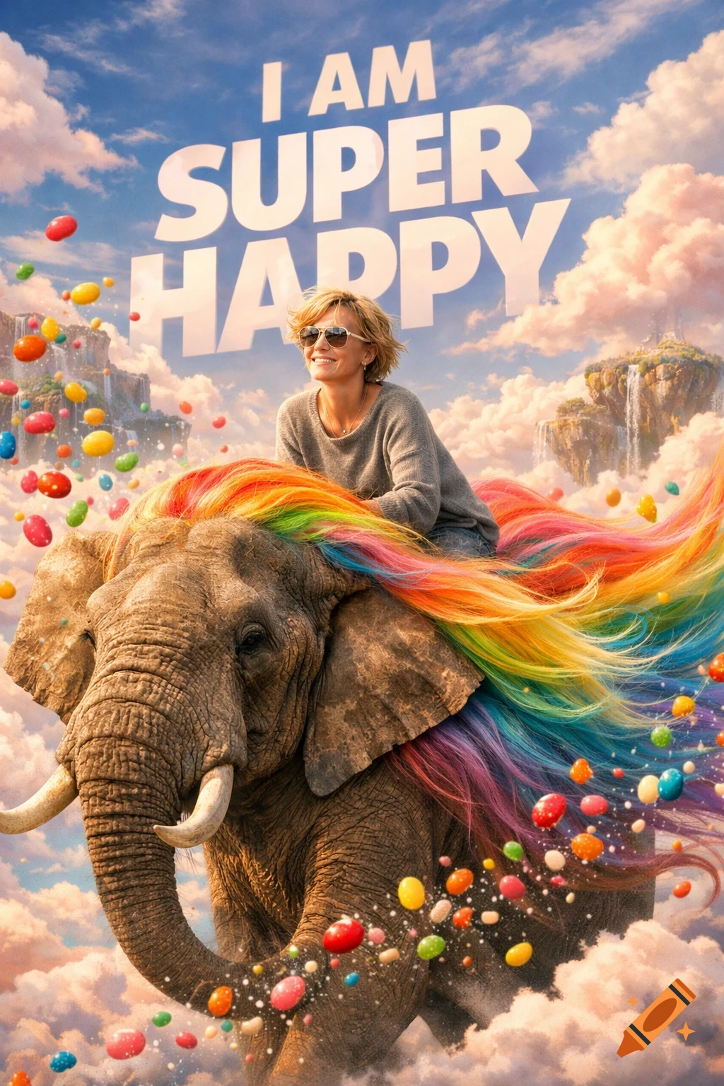 A smiling woman in sunglasses rides a majestic elephant with a flowing rainbow mane amidst colorful candies and floating islands, under text 'I AM SUPER HAPPY'.