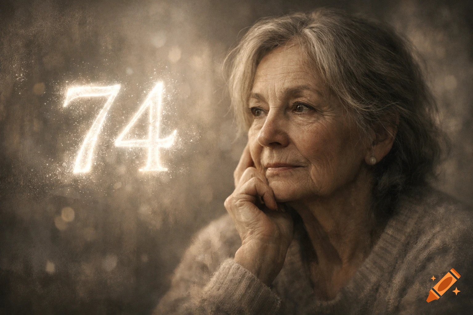 Close-up portrait of an older woman looking thoughtful, with glowing numbers '74' next to her.