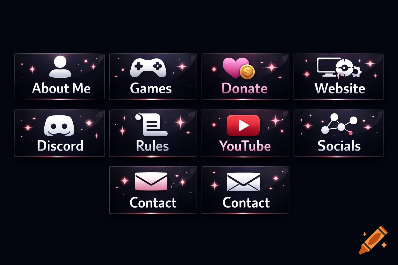 A grid of ten dark, sparkling Twitch panels with white icons and text. Panels include 'About Me', 'Games', 'Donate', 'Website', 'Discord', 'Rules', 'YouTube', and two 'Contact' panels.