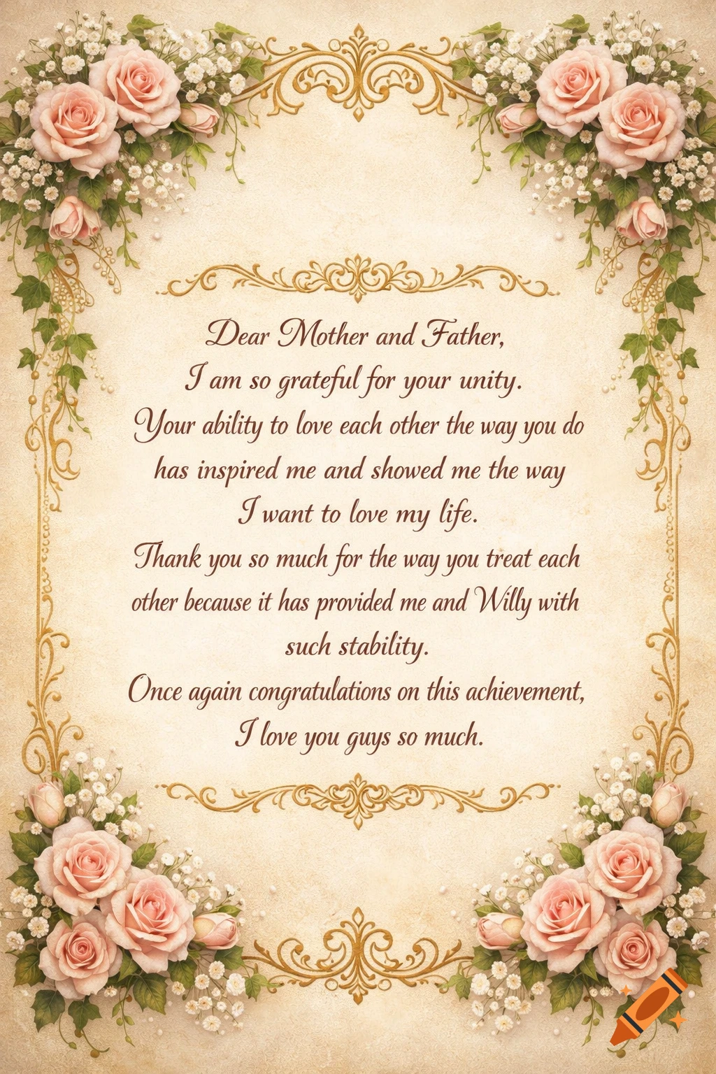 An anniversary card with a heartfelt message, framed by ornate golden borders and delicate pink roses with baby's breath.