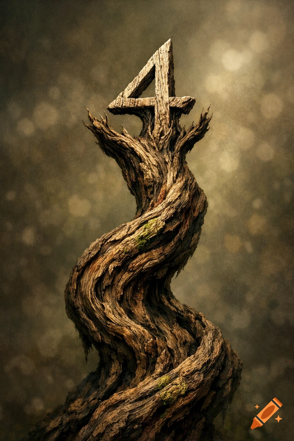 A gnarled, textured tree trunk twists upwards, supporting a wooden number 4 at its crown, against a dark, bokeh background.