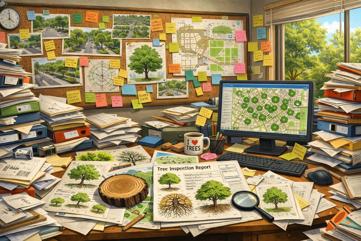 A cluttered office desk and corkboard covered in tree inspection reports, maps, sticky notes, and documents. A computer displays a map of marked trees.