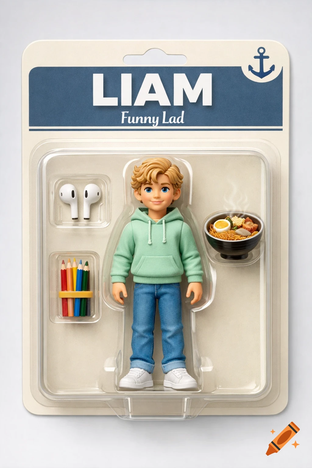 A 3D cartoon action figure of Liam in a blister pack with wireless earbuds, colored pencils, and a bowl of ramen.