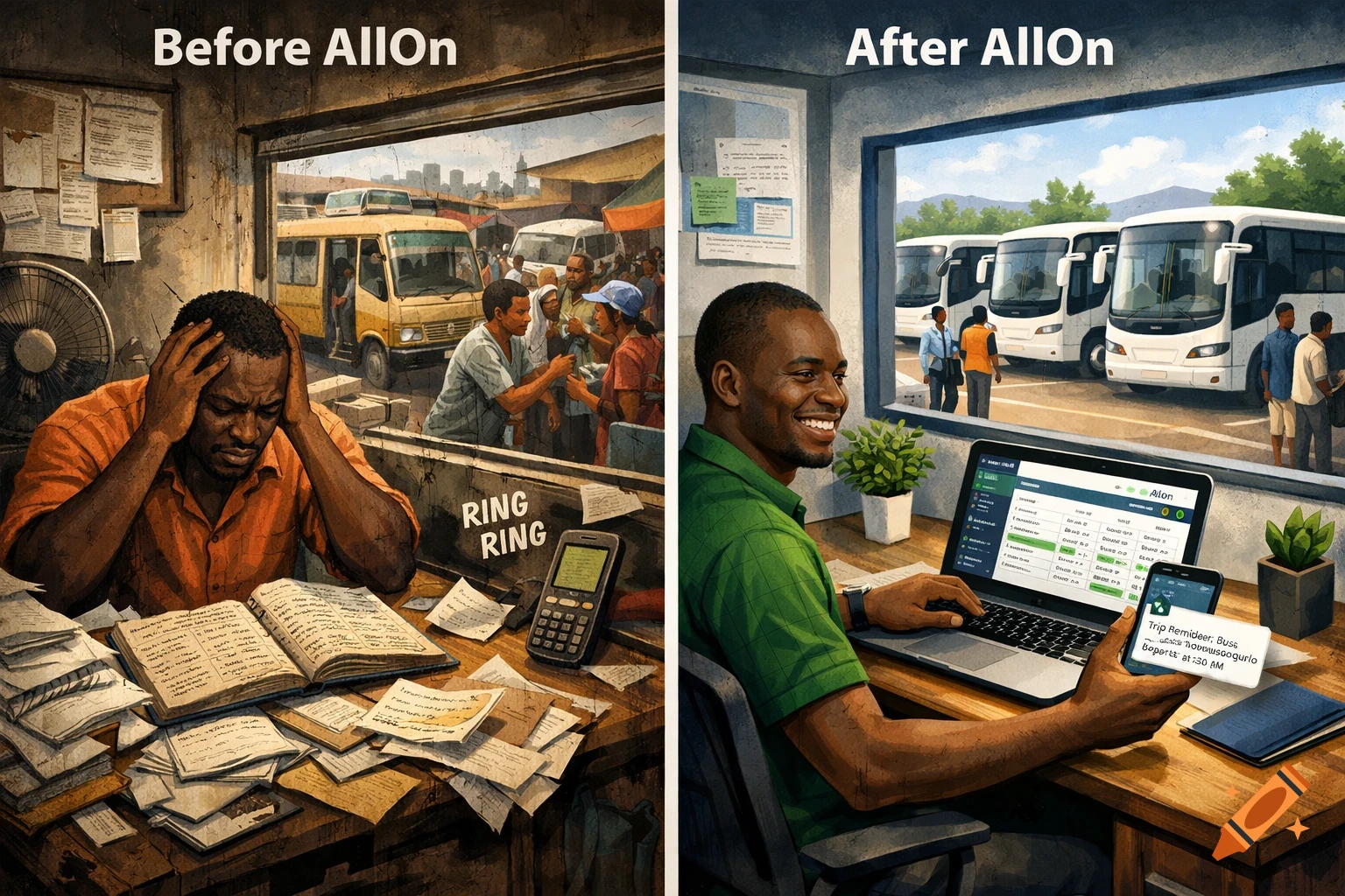 Split image showing a man stressed with paperwork in a chaotic African office (before AllOn), and smiling using a laptop in a modern office (after AllOn).