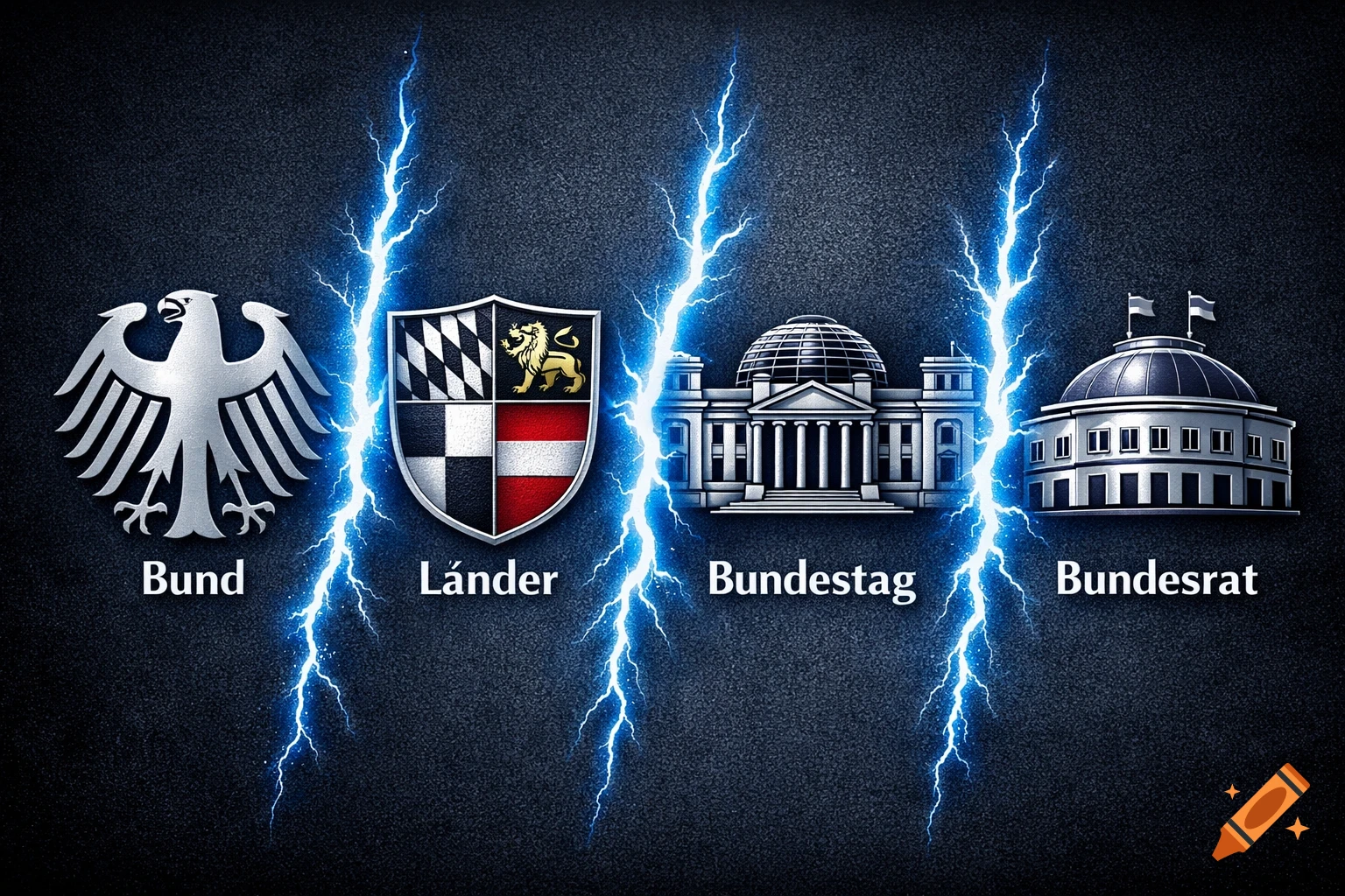 Four German government symbols and buildings labeled Bund, L nder, Bundestag, Bundesrat, separated by blue lightning bolts on a dark background.