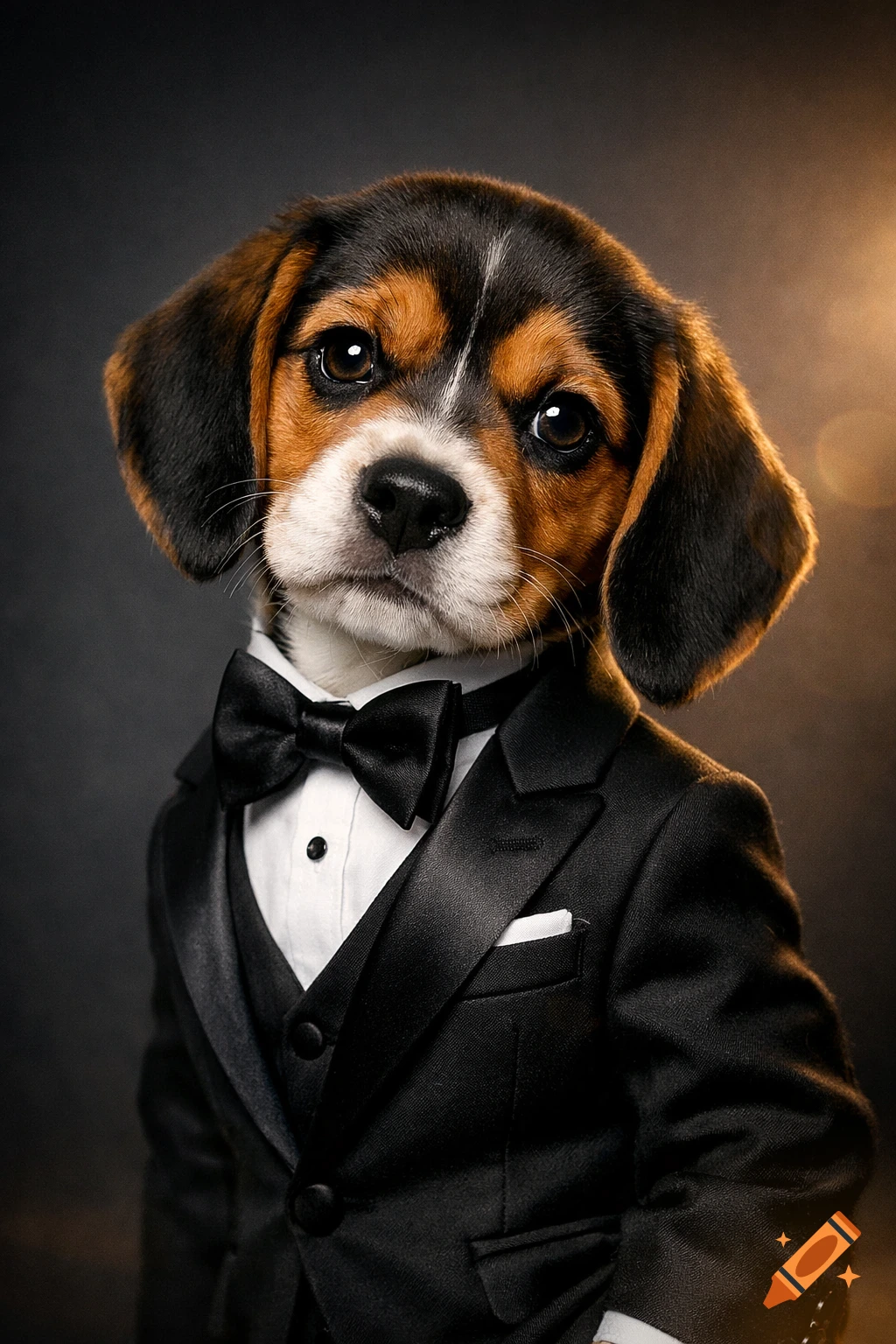 A close-up, photorealistic portrait of a cute beagle puppy wearing a black tuxedo and bow tie, looking serious.
