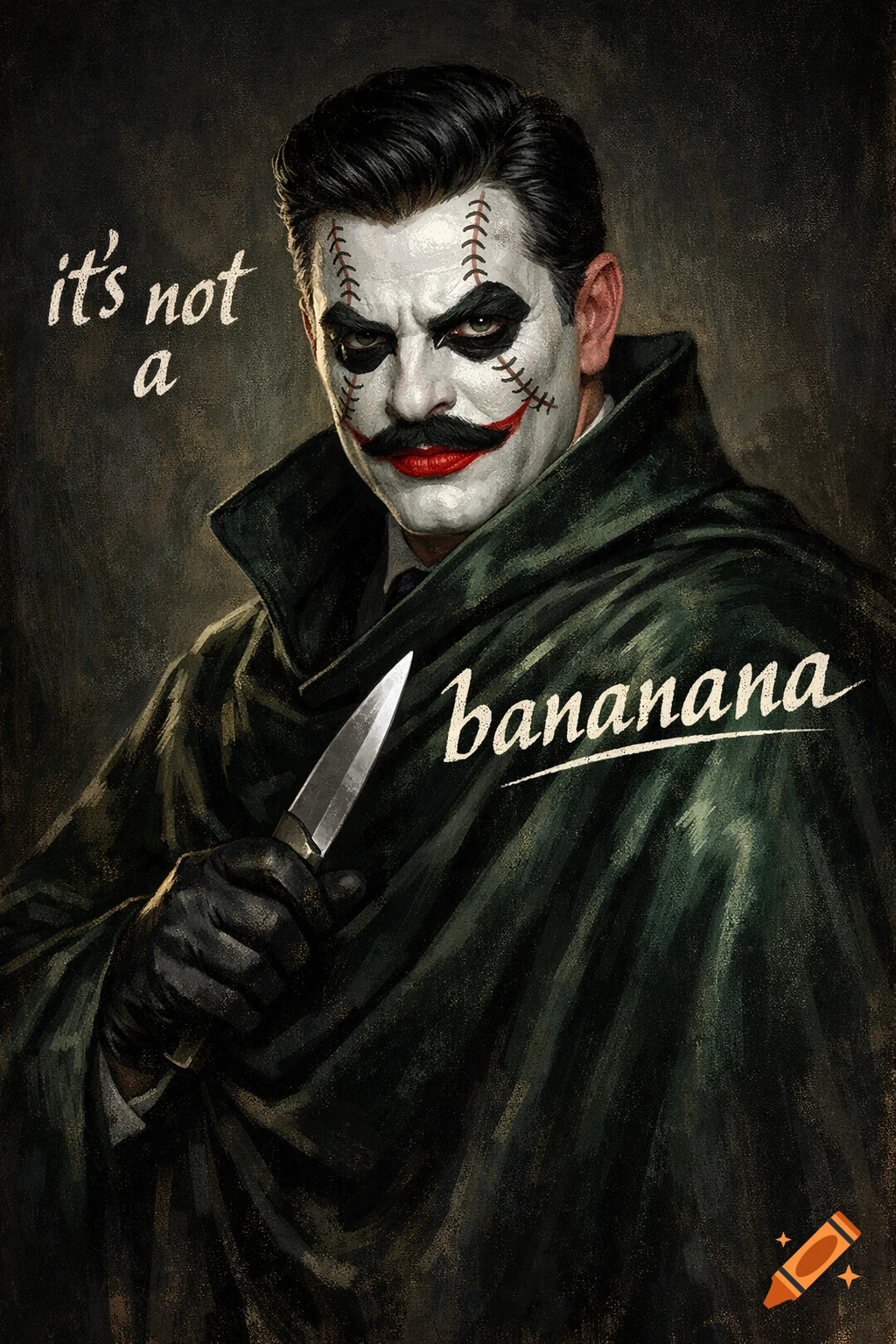 A dark, painterly portrait of a man with Joker-like makeup, a mustache, and a dark green cloak, holding a knife. Text says "it's not a bananana".