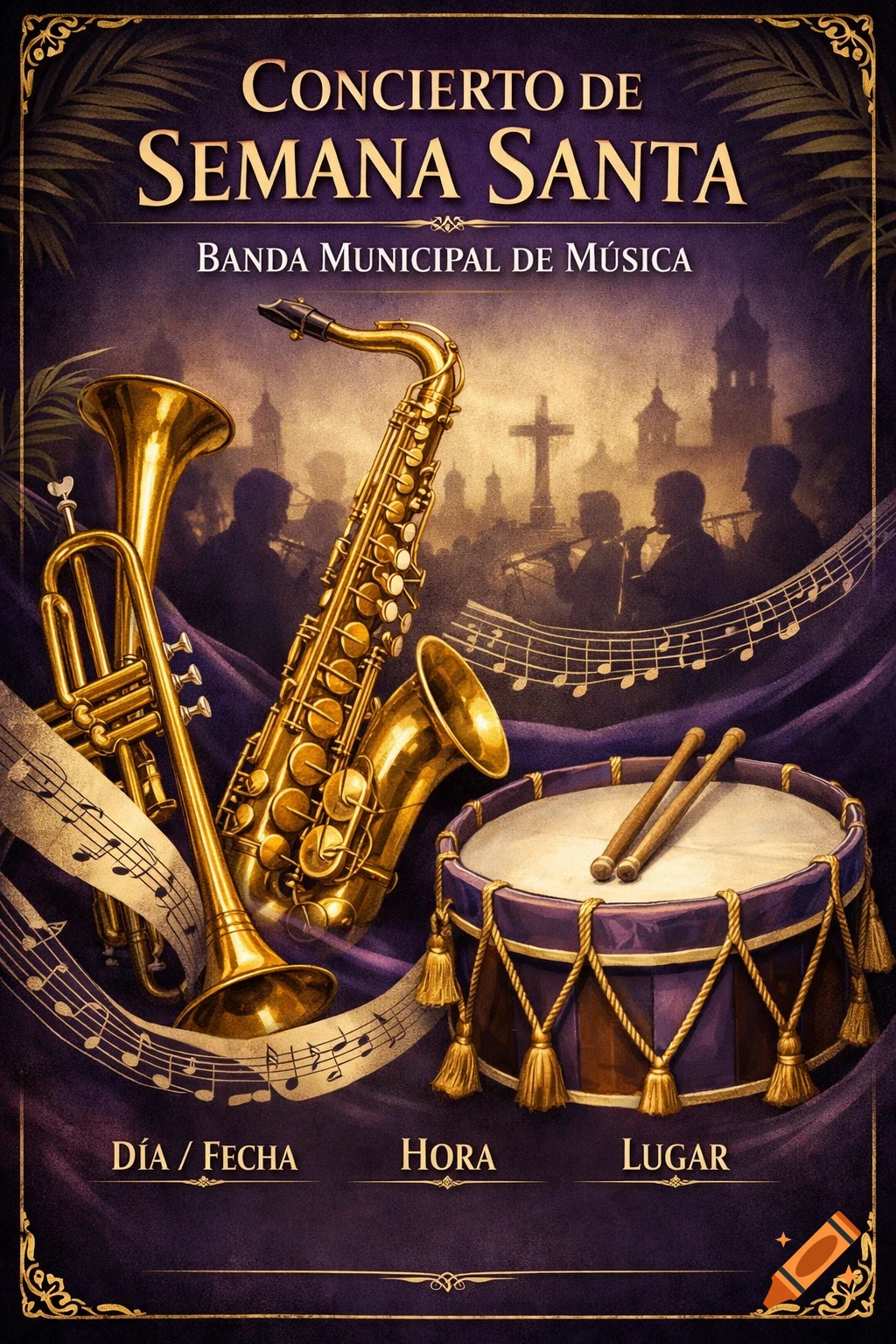 An ornate concert poster for 'Semana Santa' (Holy Week) with golden brass instruments, a drum, and musical notes on a deep purple background, silhouetted musicians, and a city skyline.