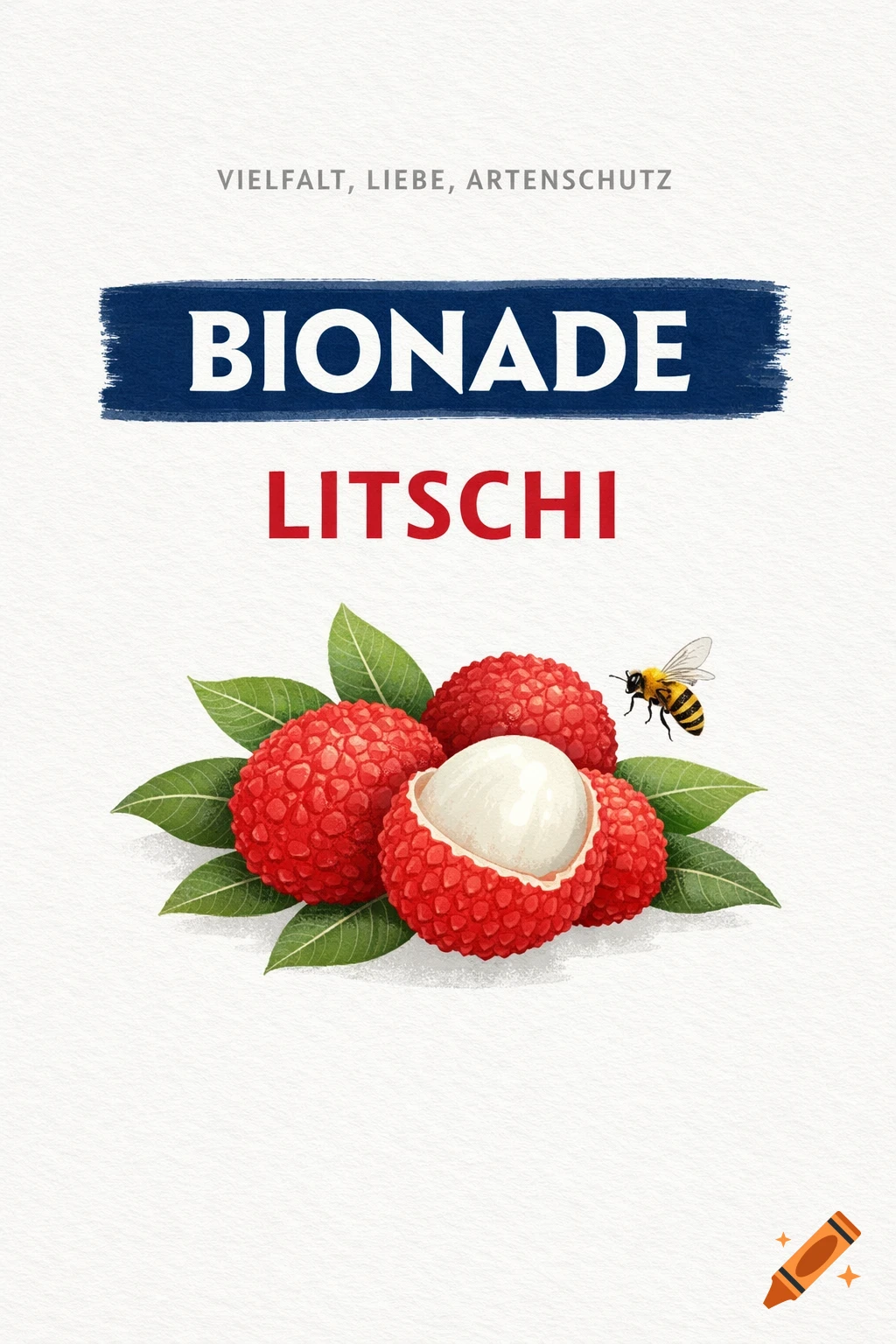 Minimalist illustration of lychees, green leaves, and a bee with text 'BIONADE LITSCHI' on a textured white background.