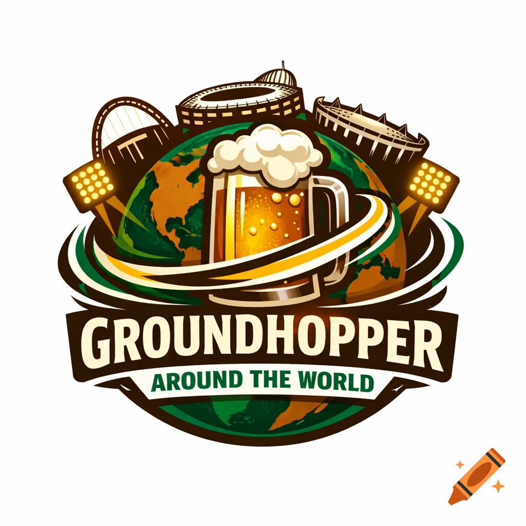 Logo with a beer mug and stadiums on a globe, featuring text 'GROUNDHOPPER AROUND THE WORLD'.
