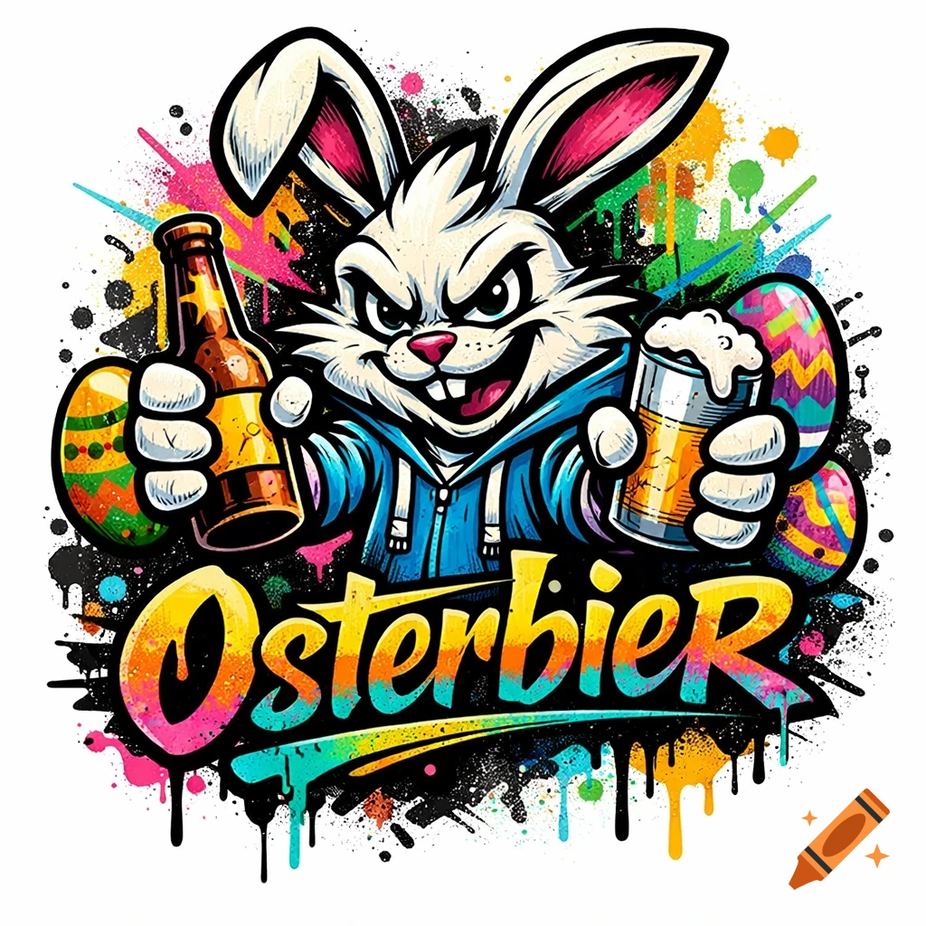 Angry cartoon Easter bunny in blue hoodie holding beer bottle and glass, with colorful splatters and 'Osterbier' text in street art style.