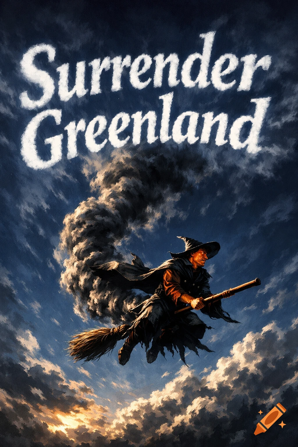 A male witch with orange skin flies a broom through a dark, cloudy sky, leaving a smoke trail below 'Surrender Greenland' skywriting.