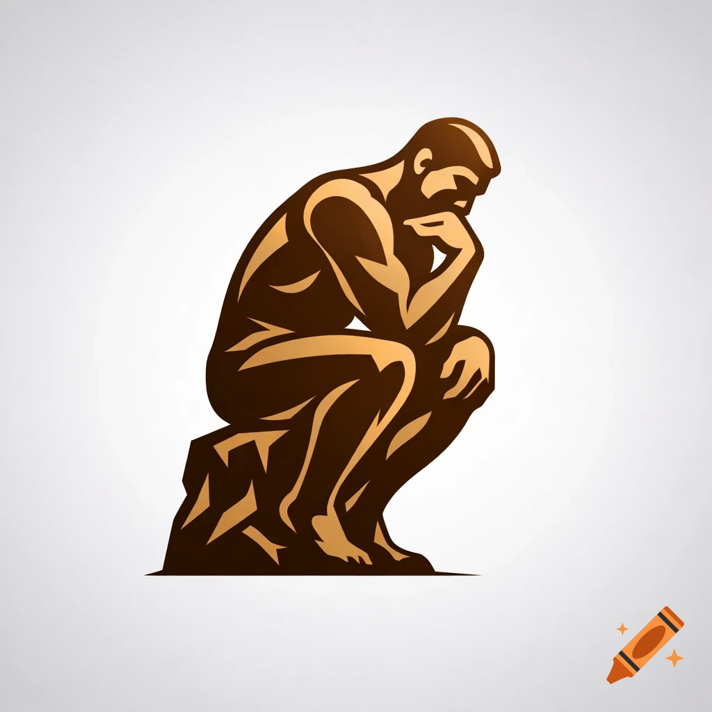 Stylized logo of a dark brown and gold figure, resembling 'The Thinker' statue, sitting in a pensive pose on a rock.