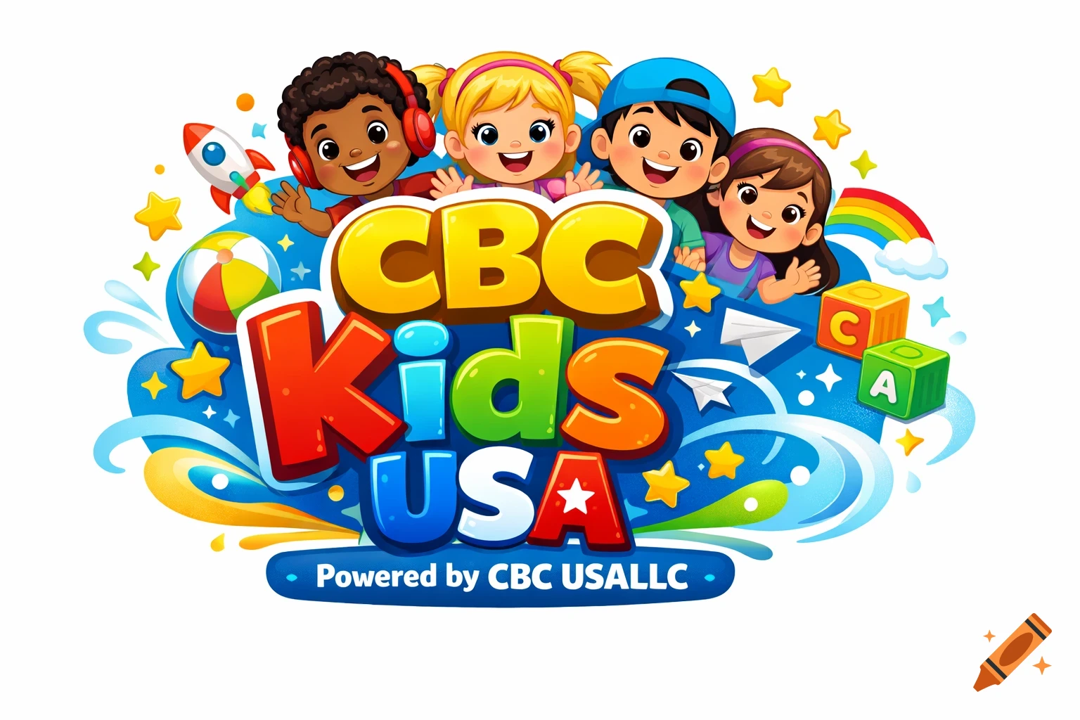 A colorful logo for "CBC Kids USA" featuring diverse cartoon children, a rocket, rainbow, and play items, with "Powered by CBC USALLC" at the bottom.