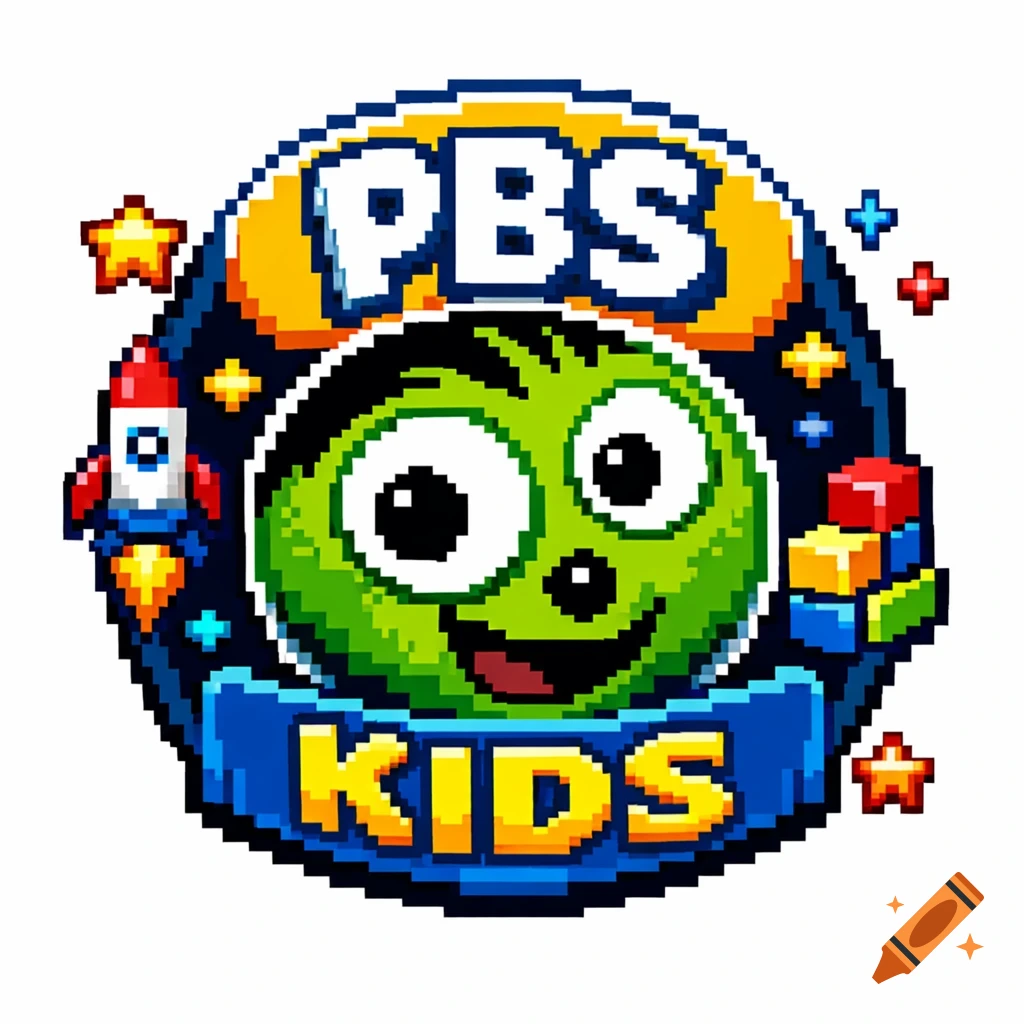 Pixel art style PBS Kids logo featuring Dash, a rocket, colorful blocks, and stars on a dark background.