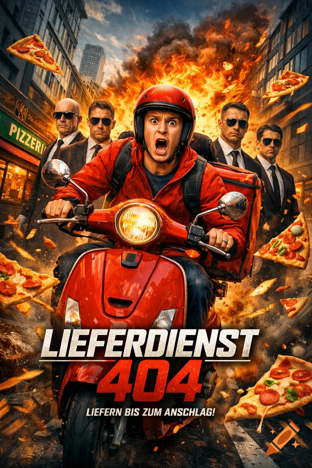 A movie poster for 'Lieferdienst 404' shows a terrified pizza delivery driver on a red scooter, with an explosion behind him and agents in suits, and pizza slices flying around.