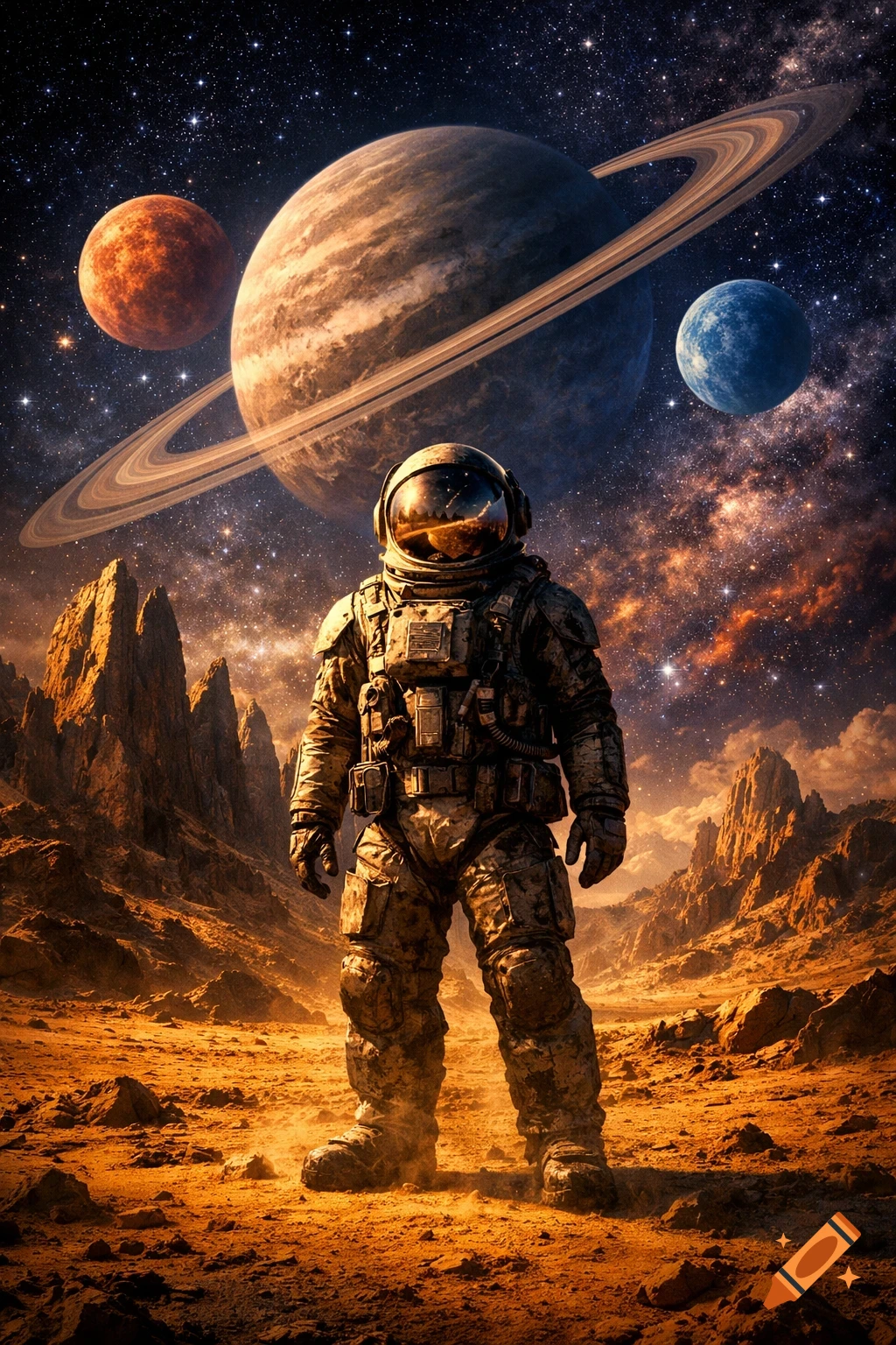 An astronaut stands on a rocky, orange planet with jagged mountains under a starry sky featuring a ringed planet and two other planets.