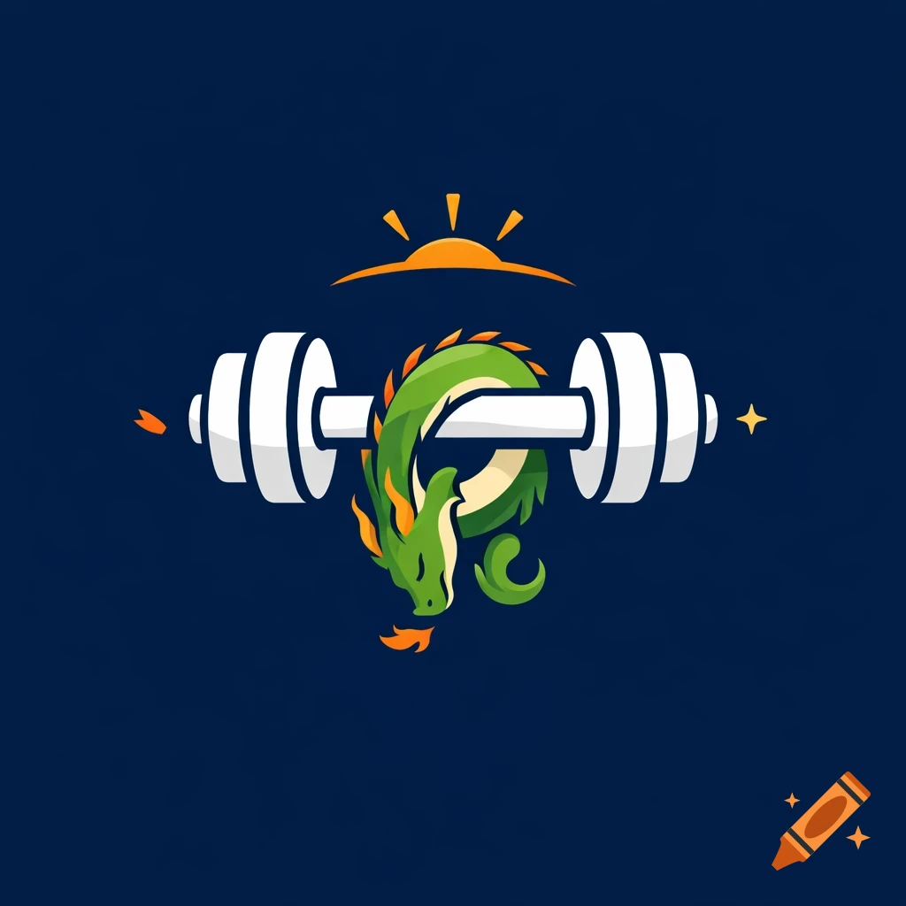 Stylized green dragon wrapped around a white dumbbell with a sun above on a navy blue background, logo style.