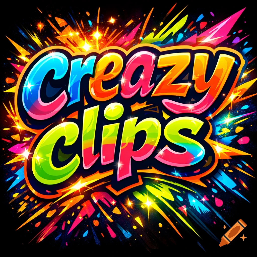 Colorful "Creazy Clips" logo with bold, bright letters and a vibrant, sparkling explosion of light and shapes on a dark background.
