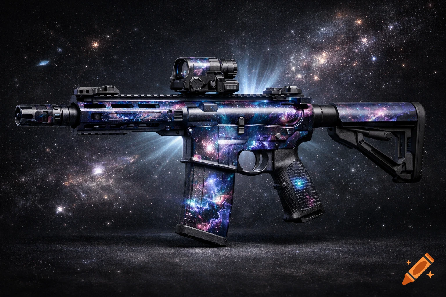 An AR15 rifle featuring a vibrant galaxy pattern, posed against a dark starry cosmic background with light flares.