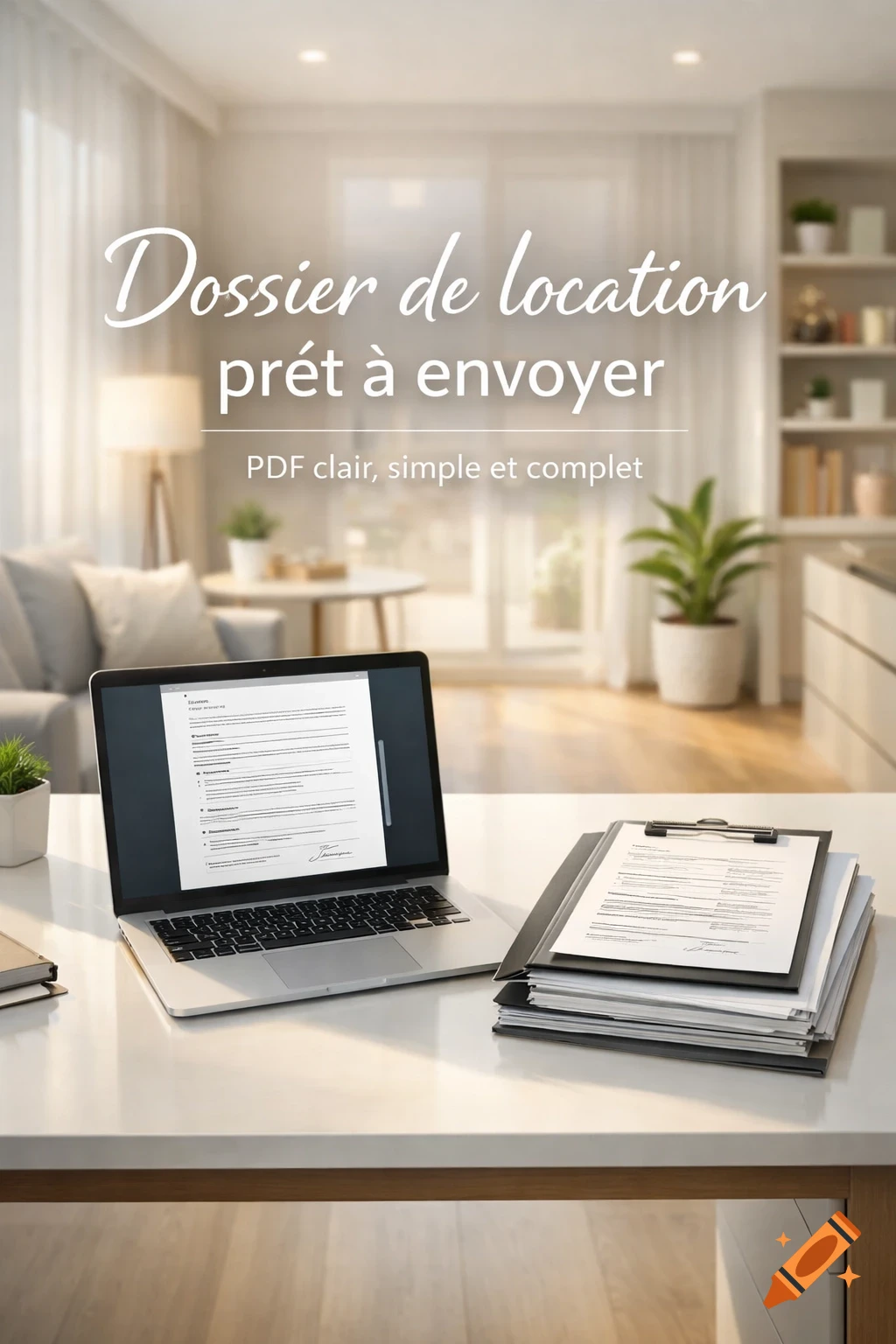 A modern apartment interior with a desk, a laptop displaying a document, and a stack of papers, with overlaid text.