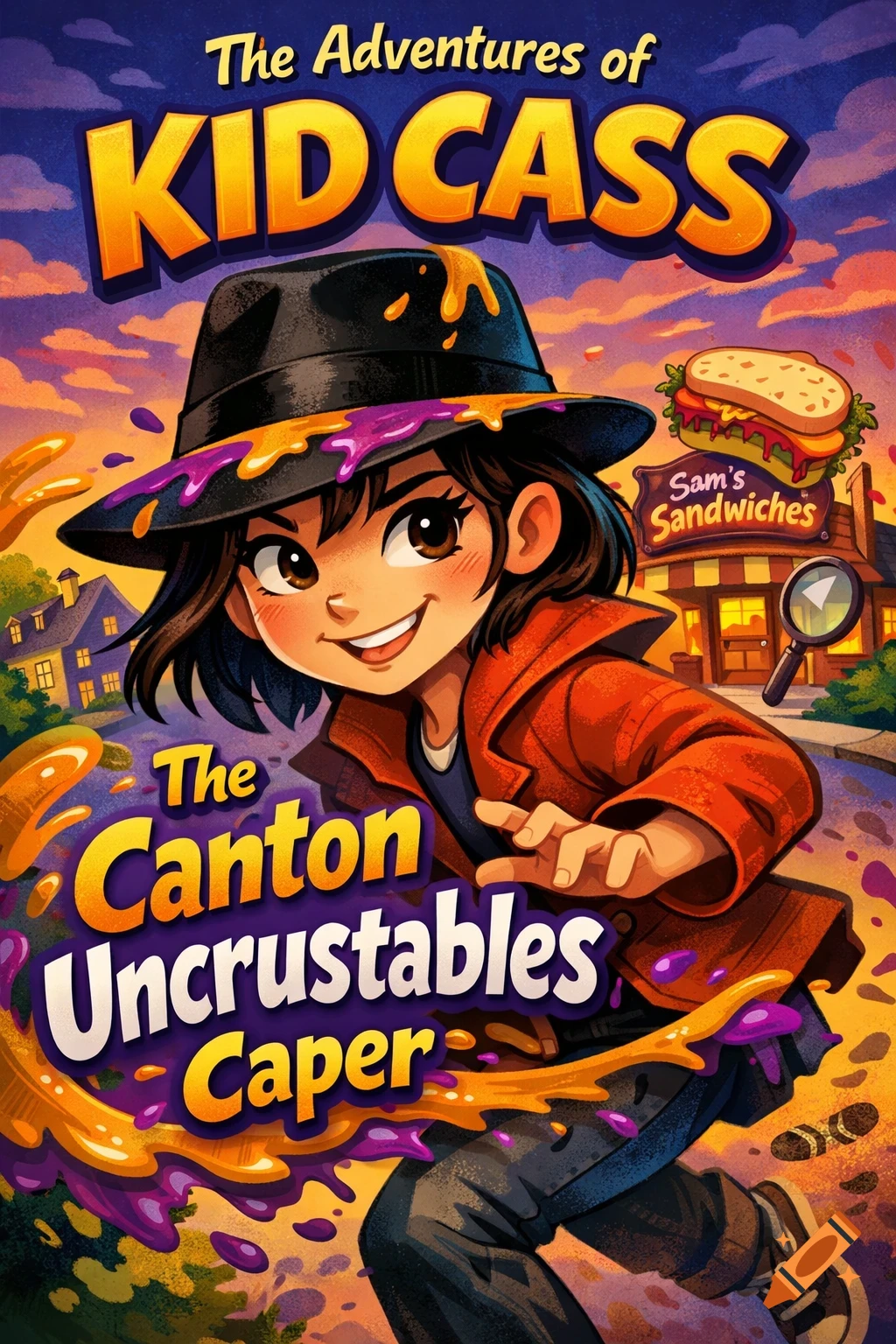 Cartoon book cover with a smiling young girl in a fedora, splattered with peanut butter and jelly, running.