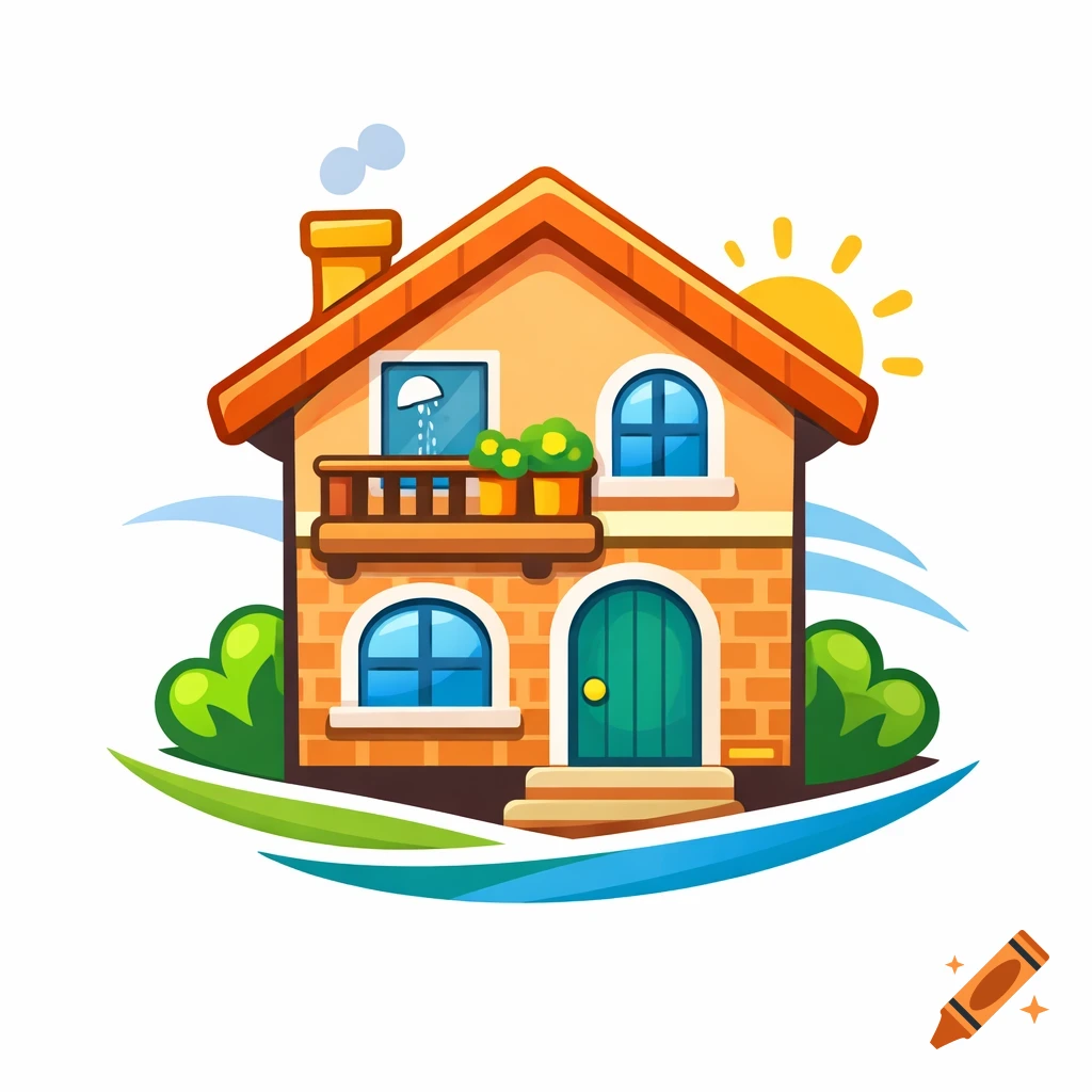 A colorful cartoon house with a balcony, brick texture, green door, and sunny sky, styled as a company logo.