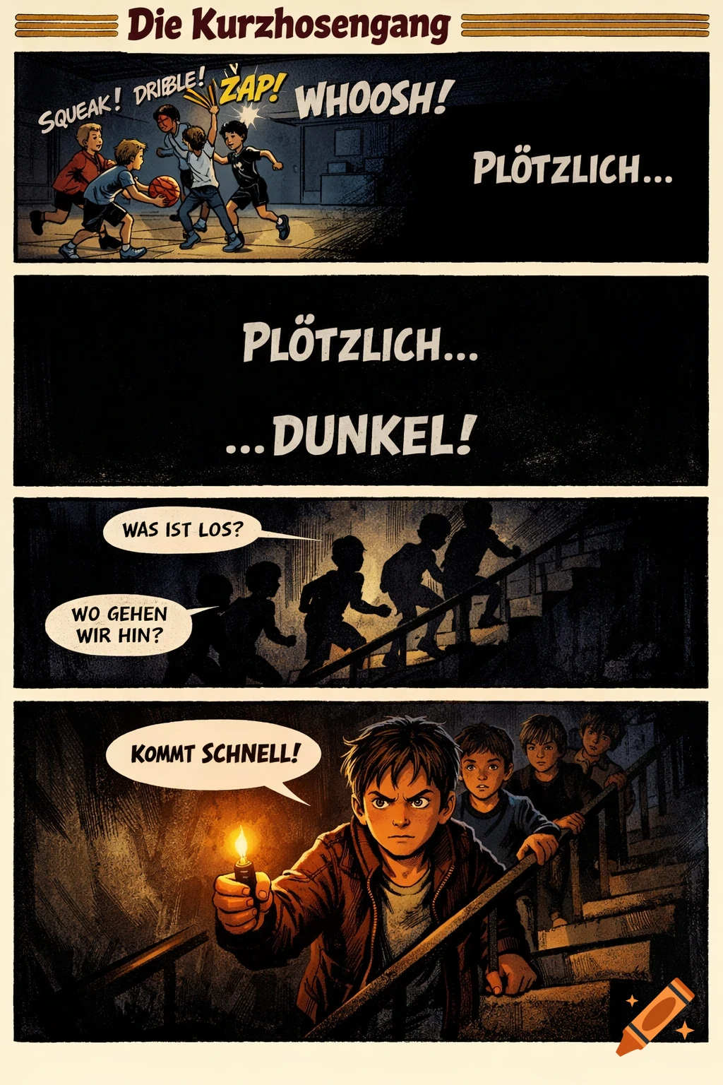 A comic strip showing boys playing basketball, followed by a sudden blackout. Then, silhouettes of boys climb stairs in the dark, led by one holding a small flame.
