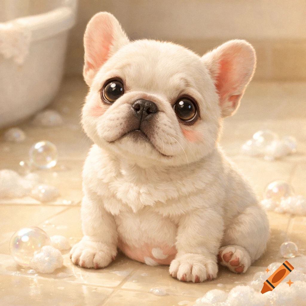 A fluffy white French Bulldog puppy with big eyes sits on a tiled floor surrounded by soap bubbles.