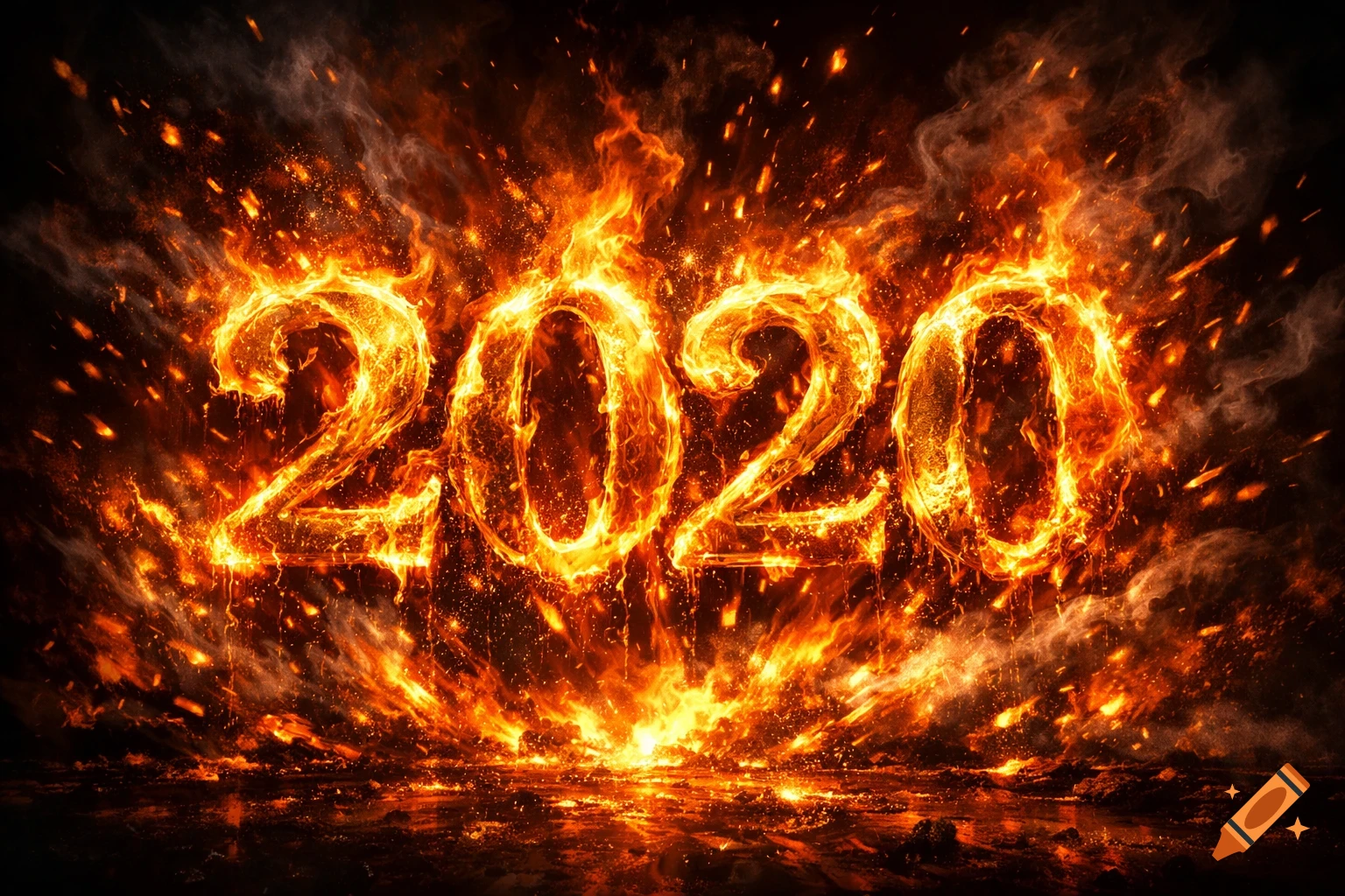 The numbers 2020 engulfed in vibrant orange and yellow flames, with embers and smoke rising from a fiery ground.