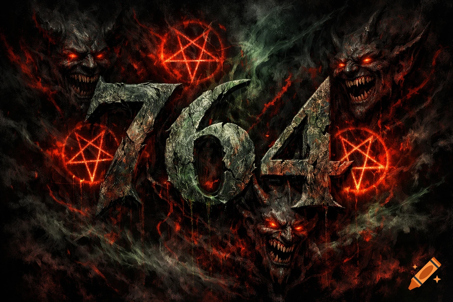 Gritty numbers '764' with glowing red pentagrams and demonic faces with red eyes, surrounded by a dark, evil aura.