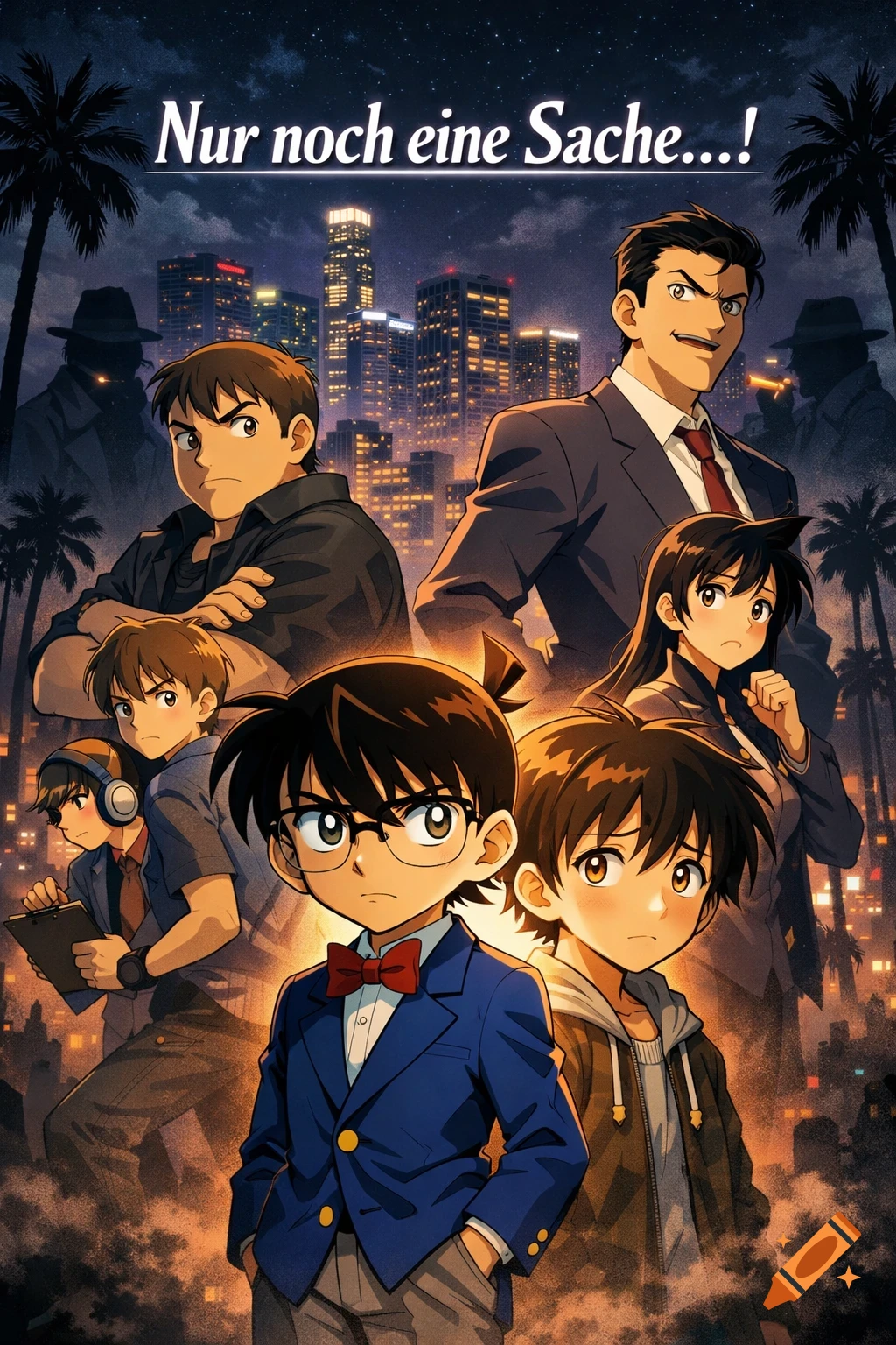 Anime movie poster with multiple characters, including two boys in the foreground, against a detailed nighttime city skyline with palm trees and mysterious figures. Text reads 'Nur noch eine Sache !'