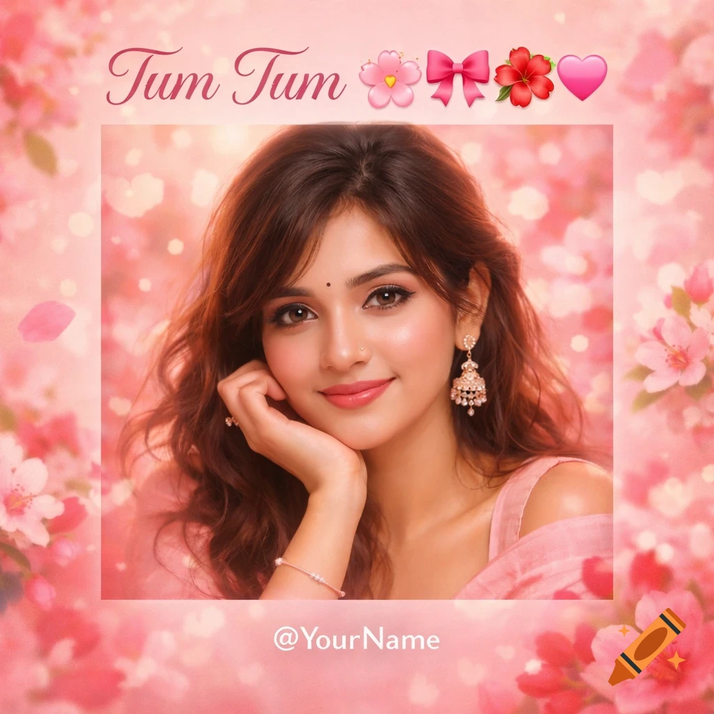 Aesthetic digital portrait of a smiling South Asian girl framed by pink flowers and bokeh, with 'Tum Tum 🌸🎀🌺🩷' text and '@YourName'.