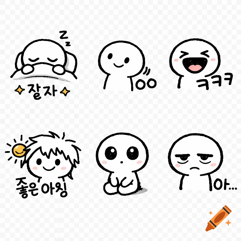 Six doodle-style cartoon emoticons on a transparent background, depicting emotions like sleeping, nodding, laughing, morning, staring, and tired, with Korean text.