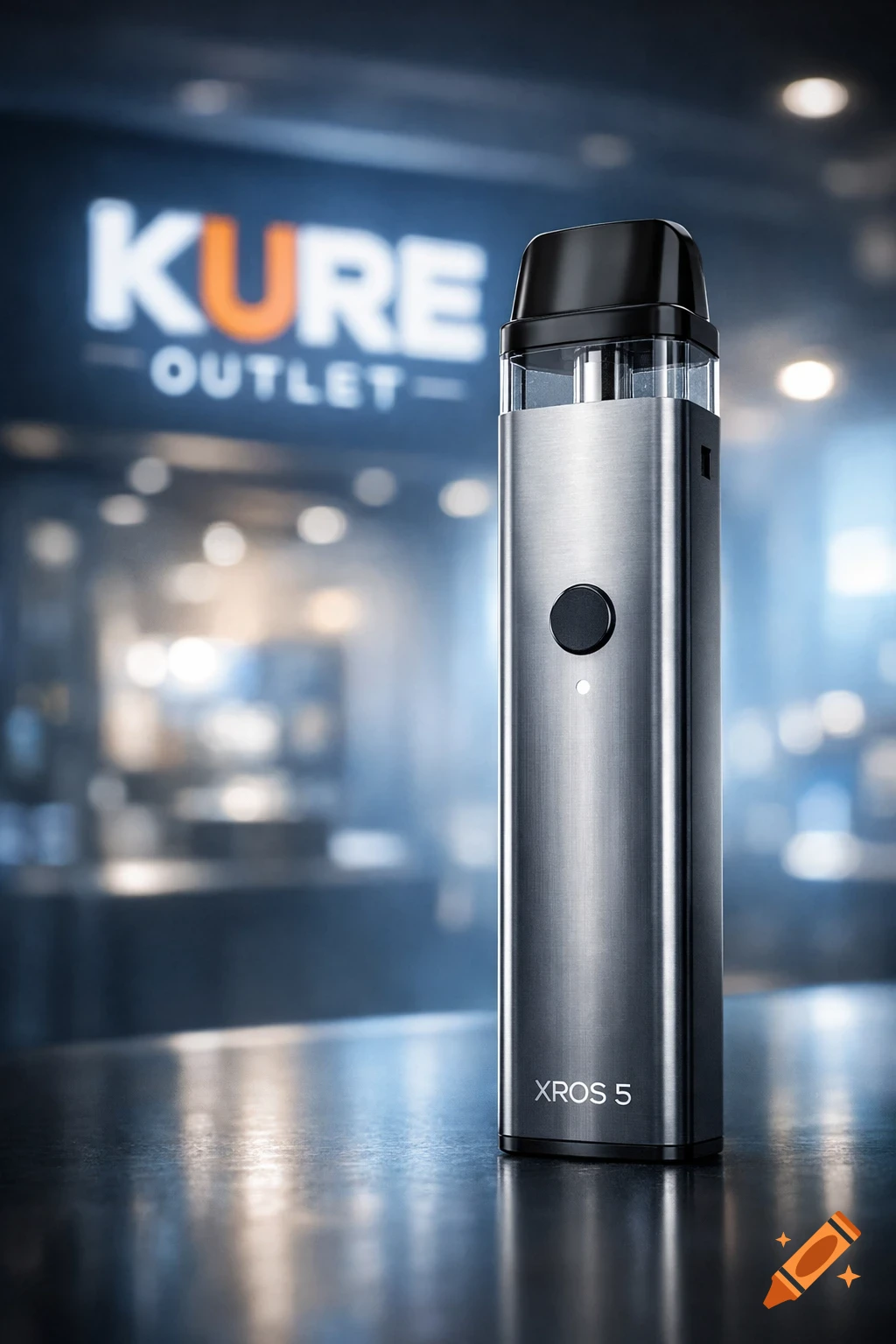 Close-up, photorealistic shot of a silver XROS 5 vape pen on a dark surface, with a blurred KURE OUTLET sign in the background.