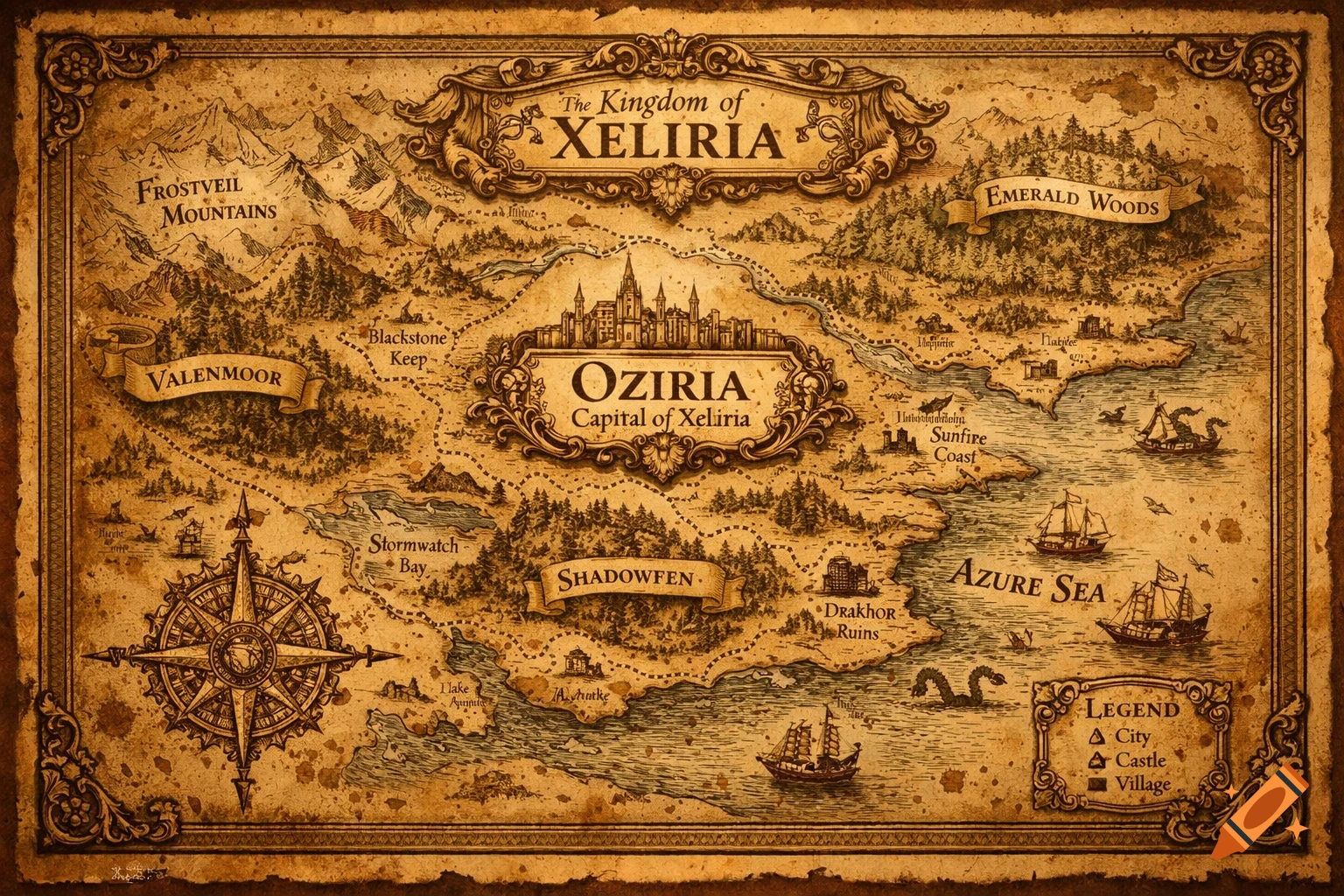 An old, detailed fantasy map in sepia tones, depicting a kingdom with mountains, forests, cities, and an ocean with ships, featuring a compass rose and ornate borders.