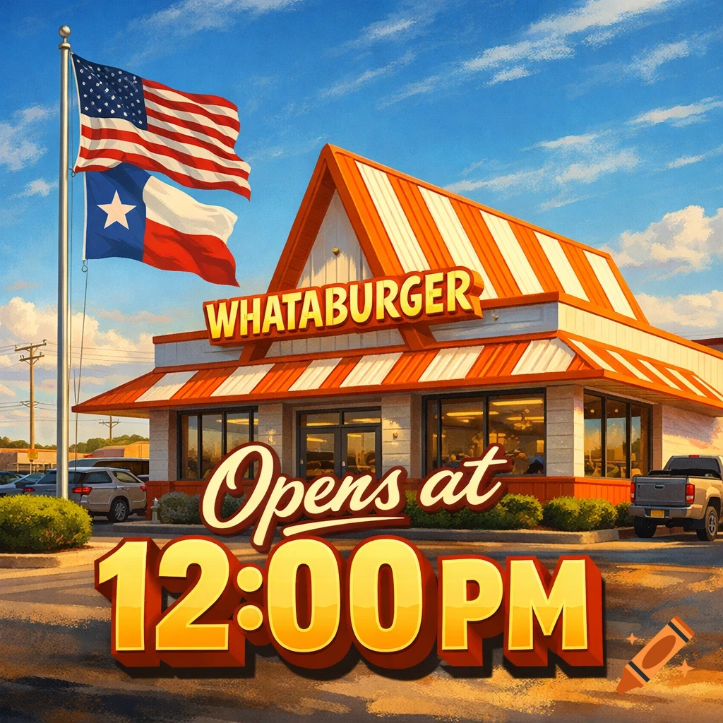 A stylized illustration of a Whataburger restaurant with US and Texas flags flying above, and the text 'Opens at 12:00 PM' in the foreground.